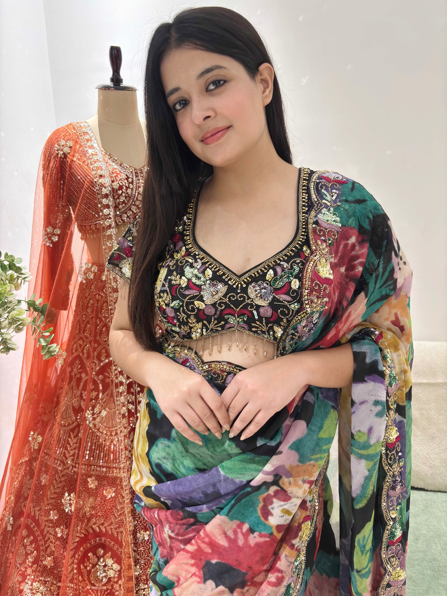 Midnight Bloom Floral Saree With Intricate Border Detailing