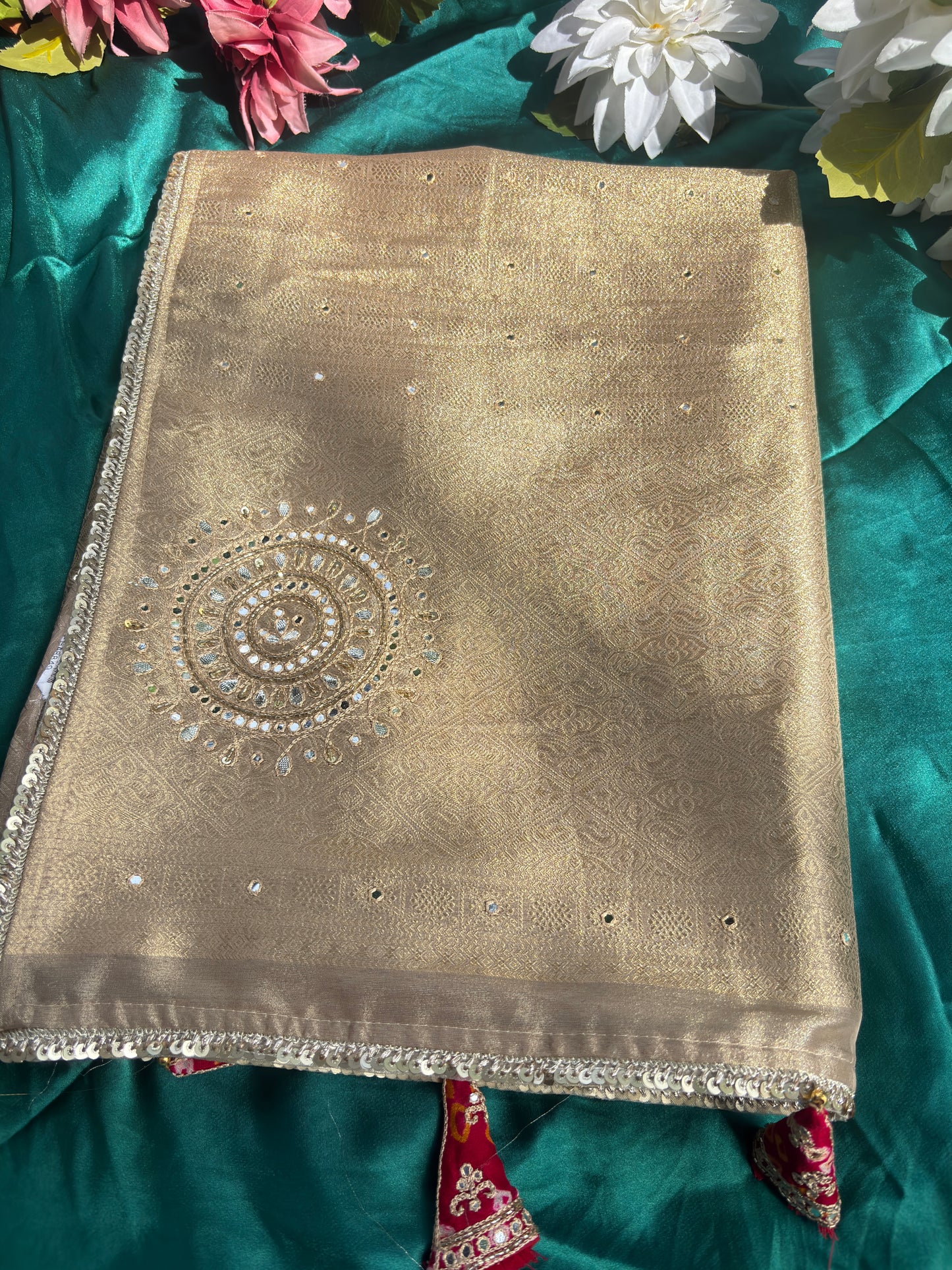 Golden Designer Saree with Sequin Floral Motifs