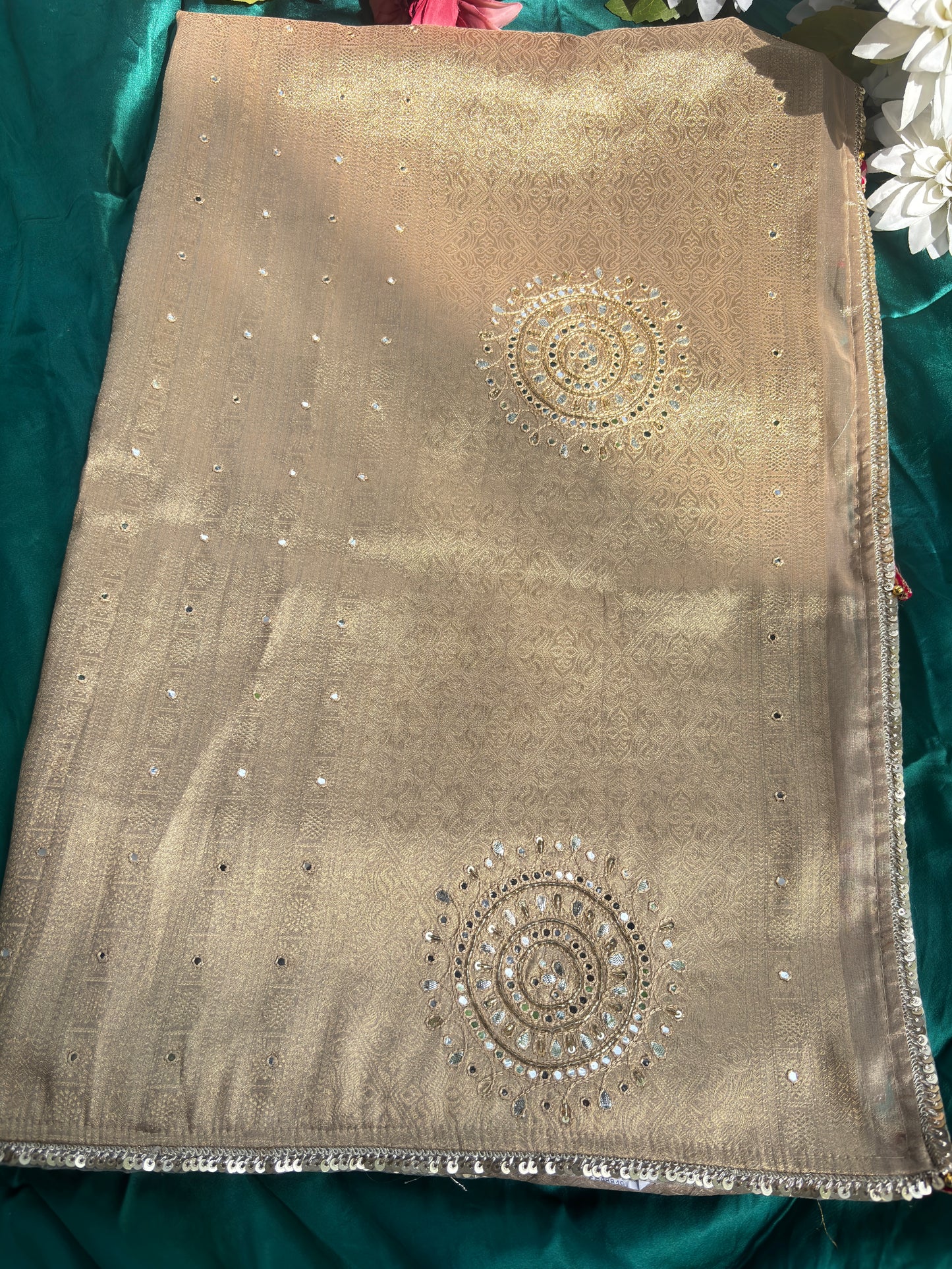 Golden Designer Saree with Sequin Floral Motifs