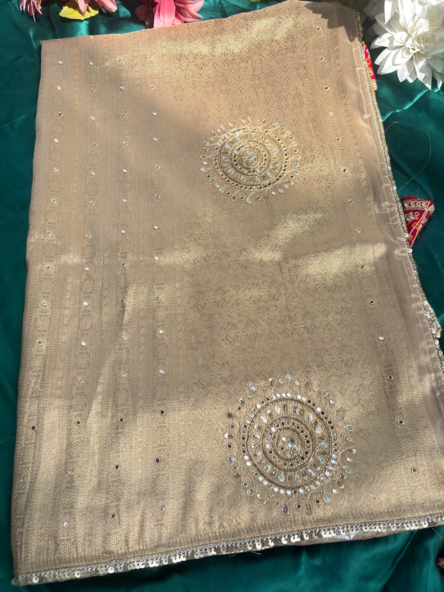 Golden Designer Saree with Sequin Floral Motifs