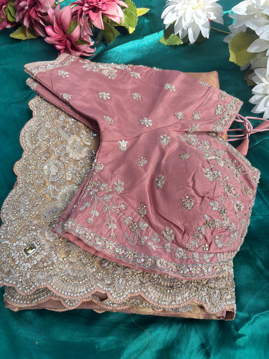 Designer Soft Pink Saree with Golden Paisley Embroidery