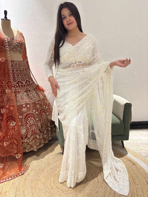 White Organza Saree with Delicate Thread Embroidery & Designer Blouse