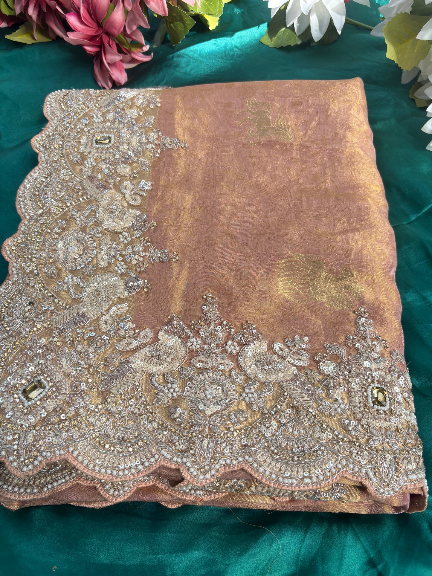 Designer Soft Pink Saree with Golden Paisley Embroidery