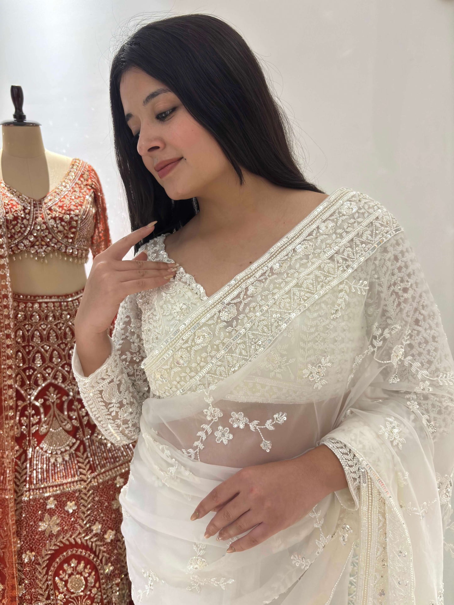 White Organza Saree with Delicate Thread Embroidery & Designer Blouse