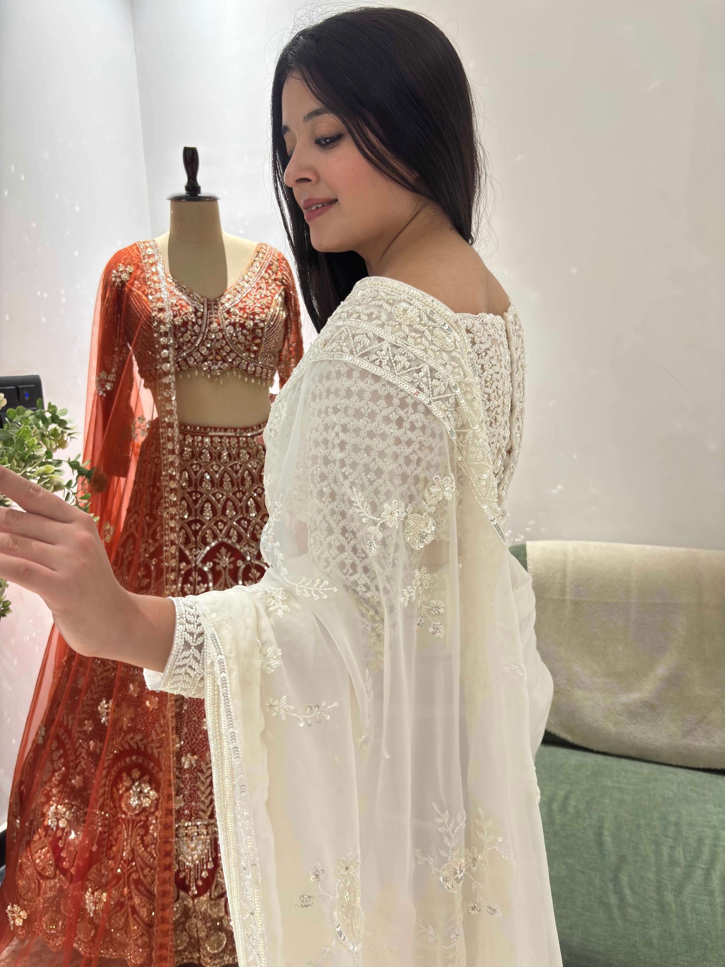 White Organza Saree with Delicate Thread Embroidery & Designer Blouse