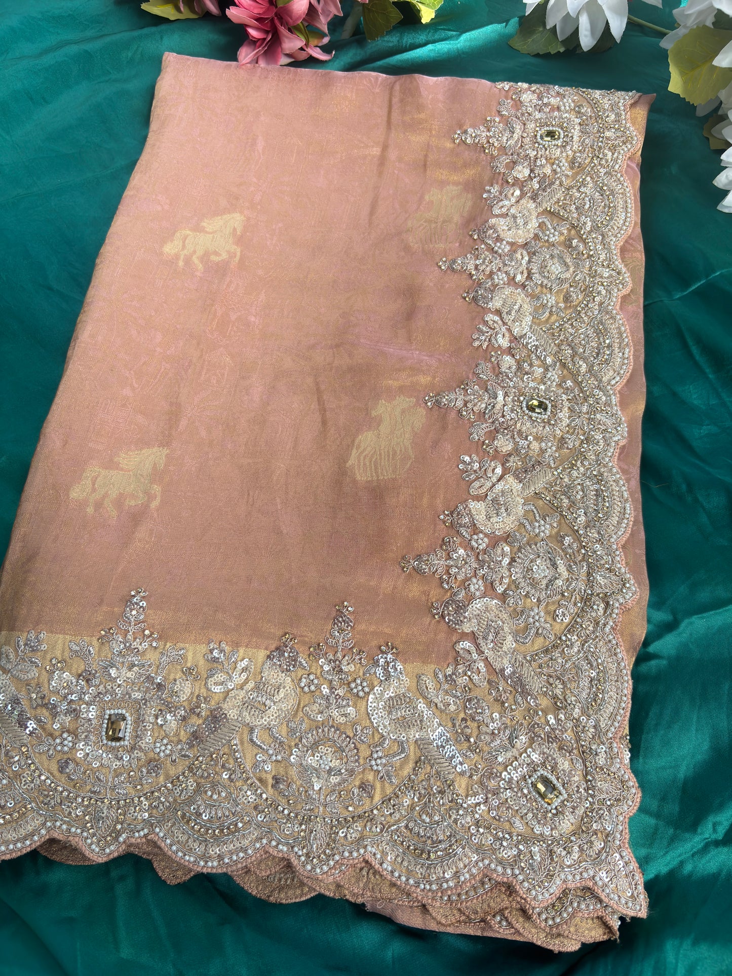 Designer Soft Pink Saree with Golden Paisley Embroidery