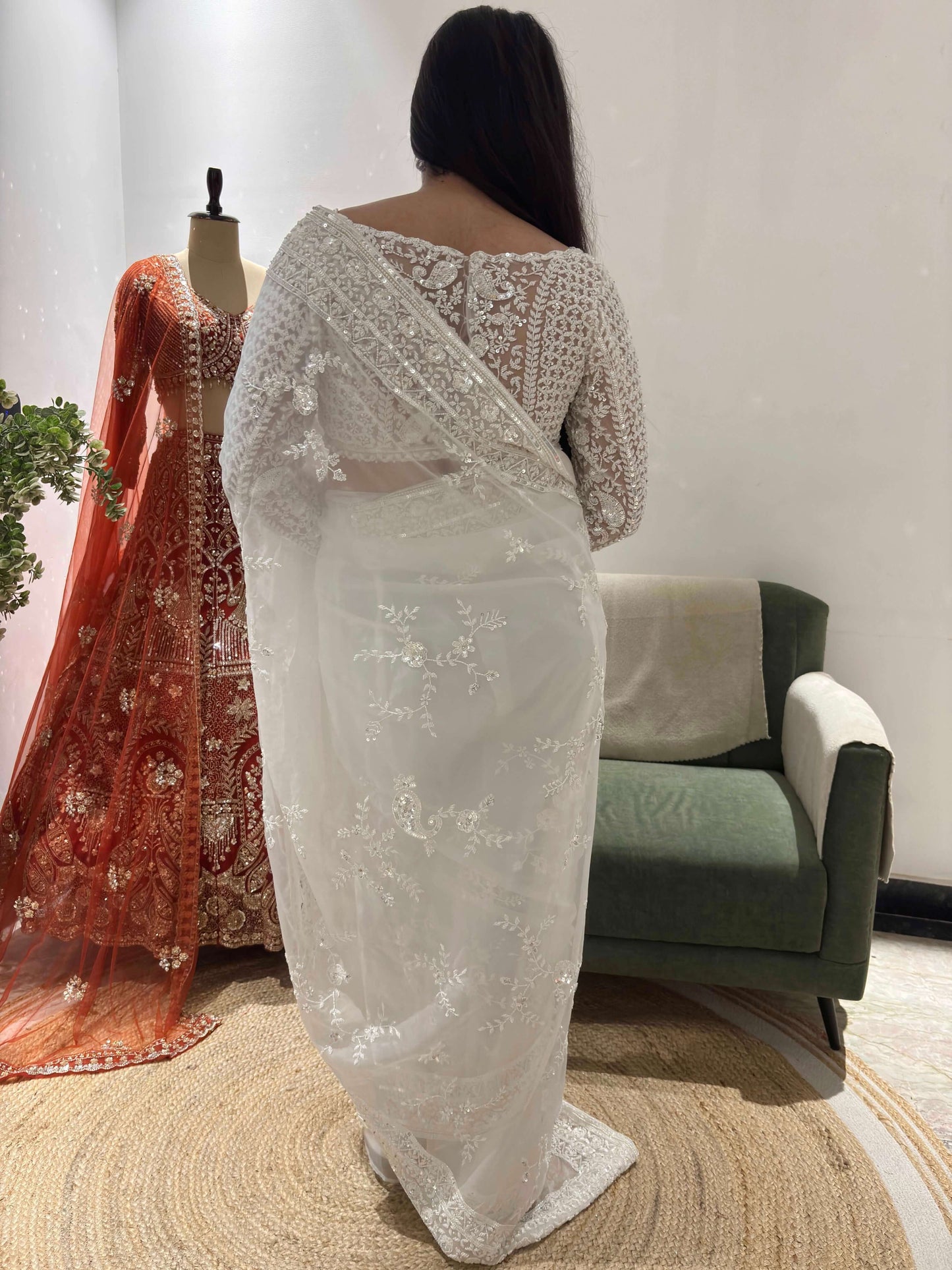 White Organza Saree with Delicate Thread Embroidery & Designer Blouse