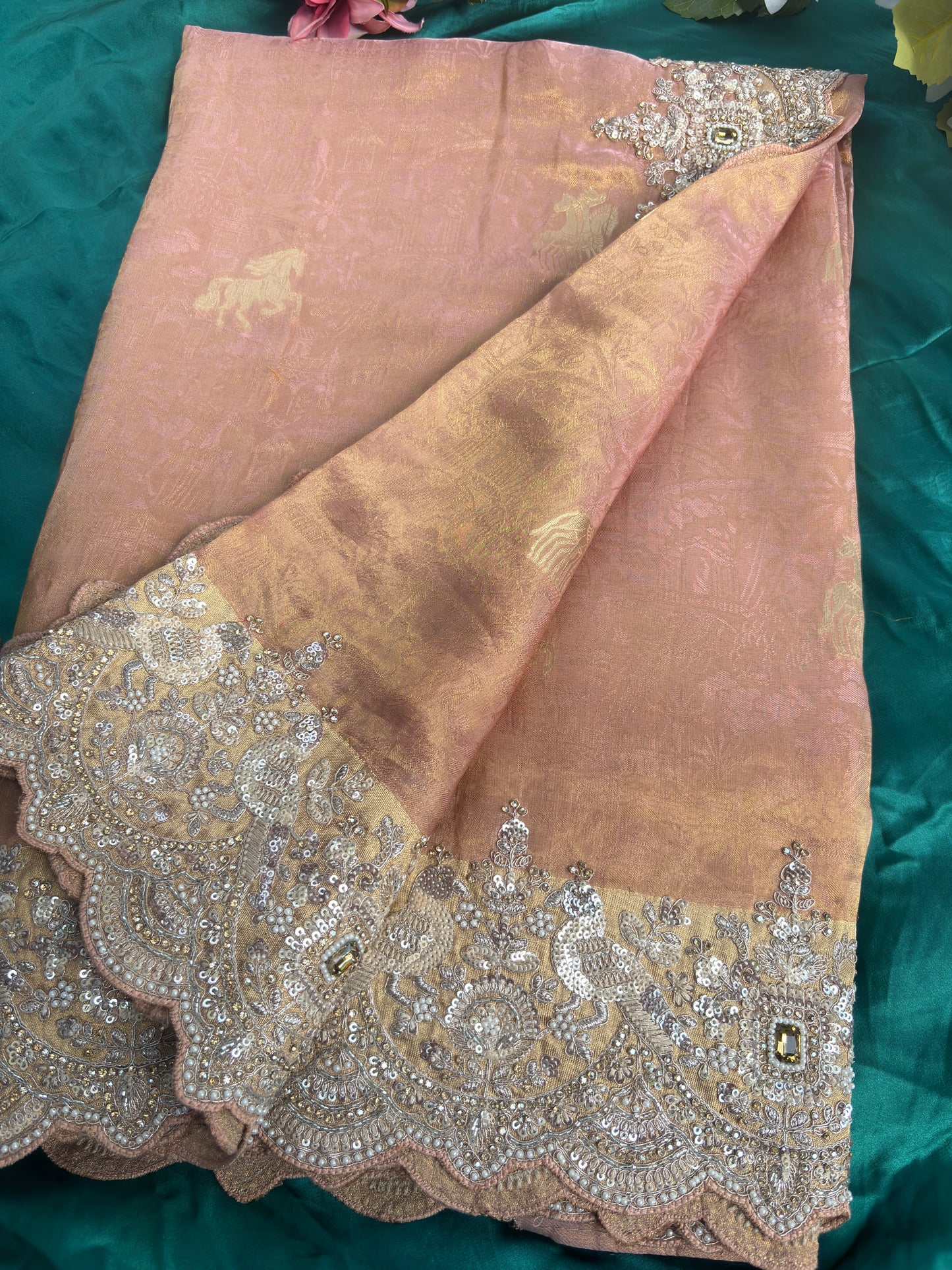 Designer Soft Pink Saree with Golden Paisley Embroidery