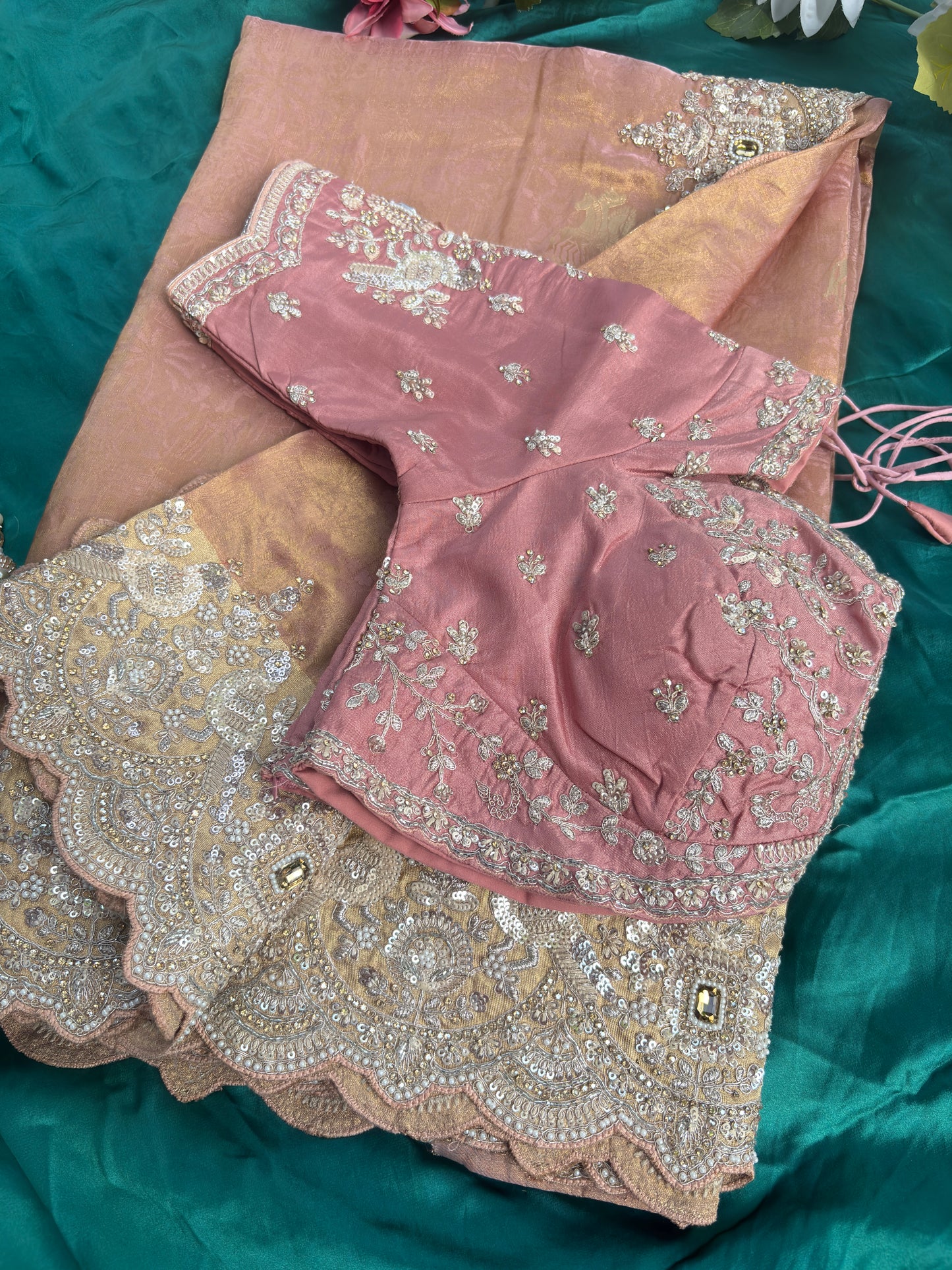 Designer Soft Pink Saree with Golden Paisley Embroidery