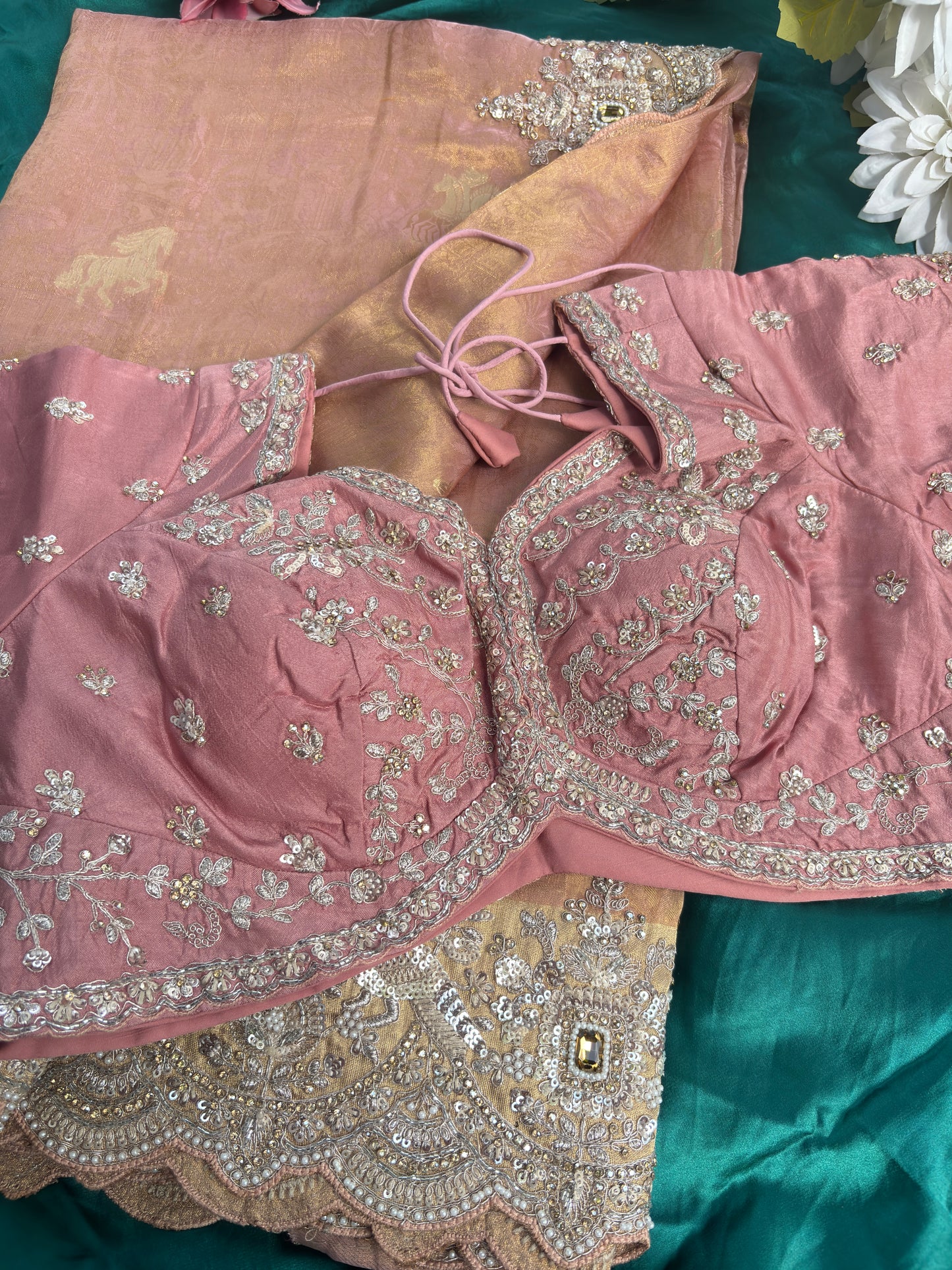 Designer Soft Pink Saree with Golden Paisley Embroidery