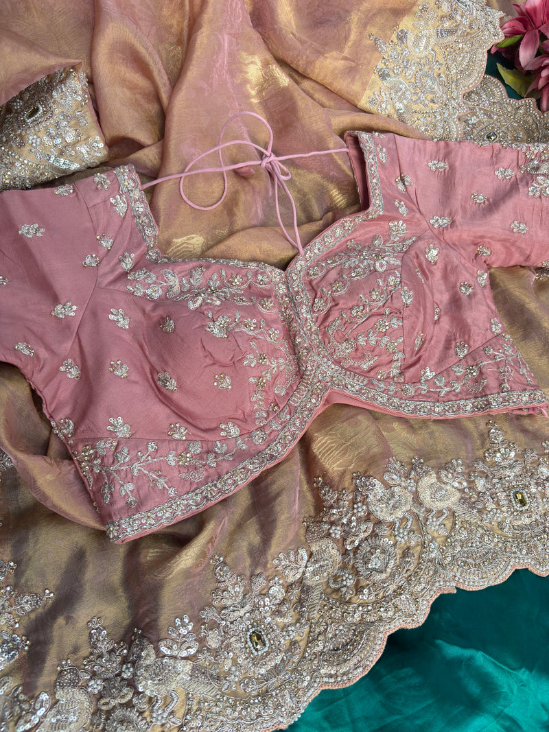 Designer Soft Pink Saree with Golden Paisley Embroidery