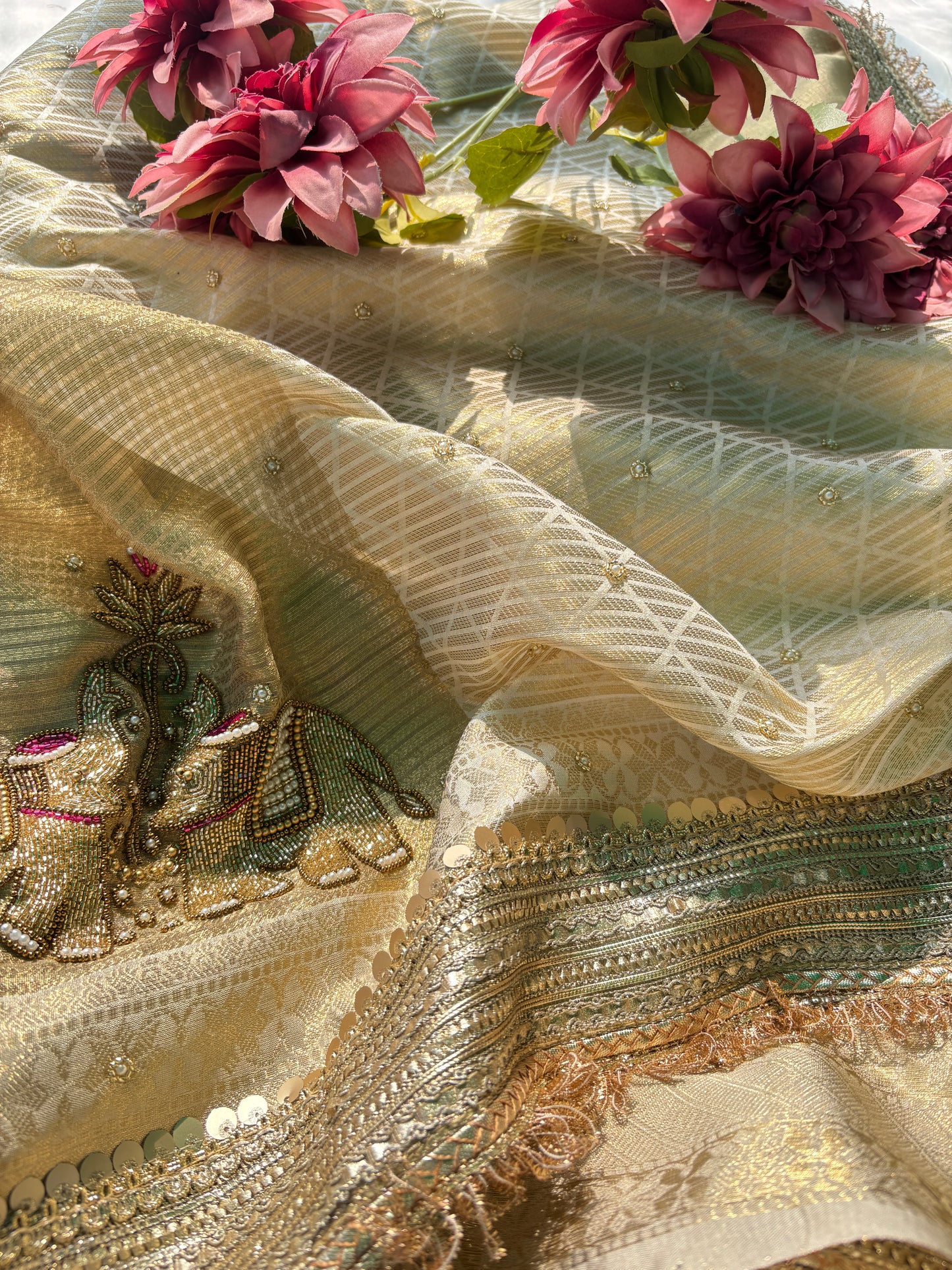 Royal Gold Zari Weave Elephant Motif Festive Saree