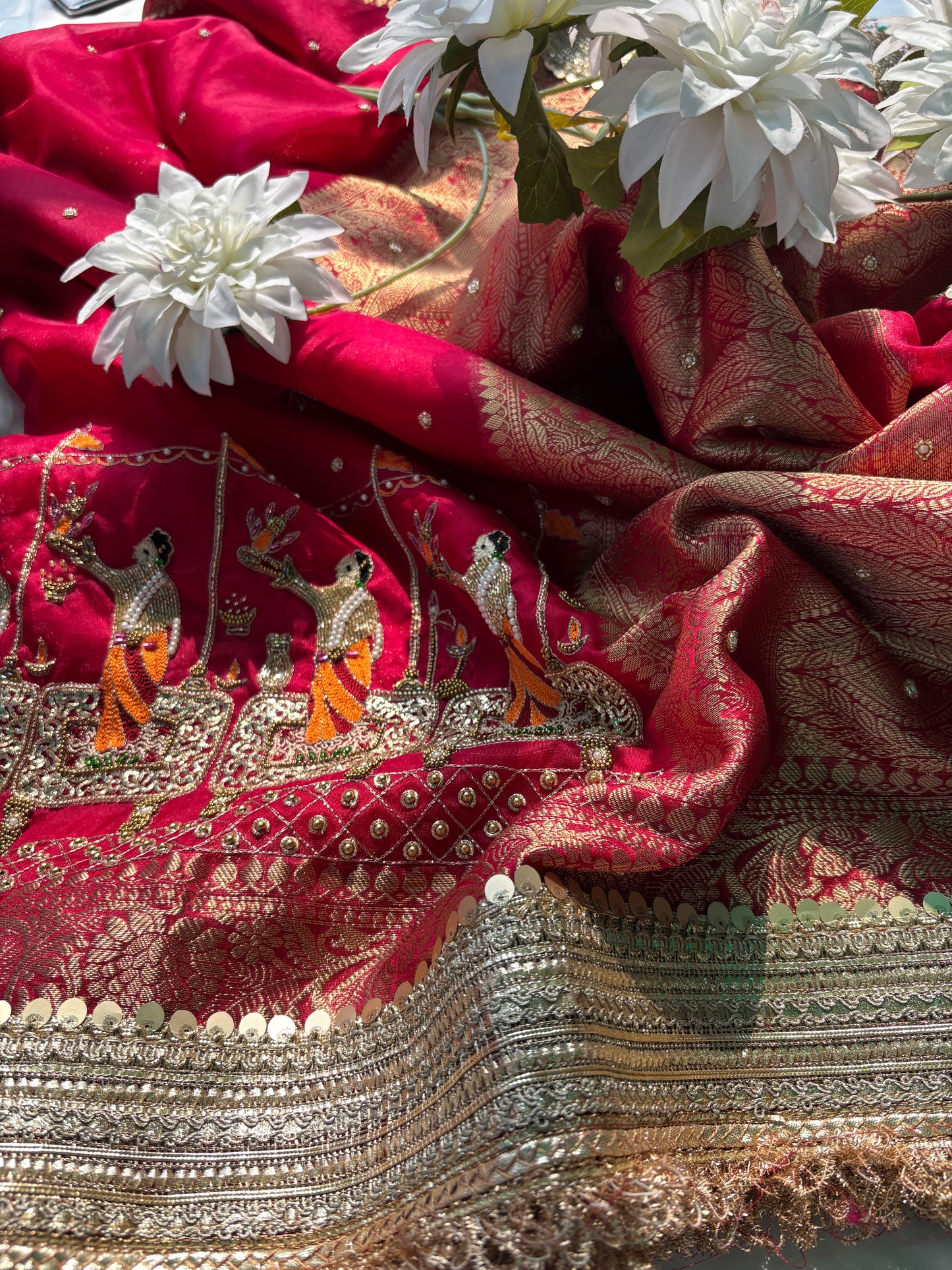 Red Hand Embroidered Zari Work Festive Designer Saree