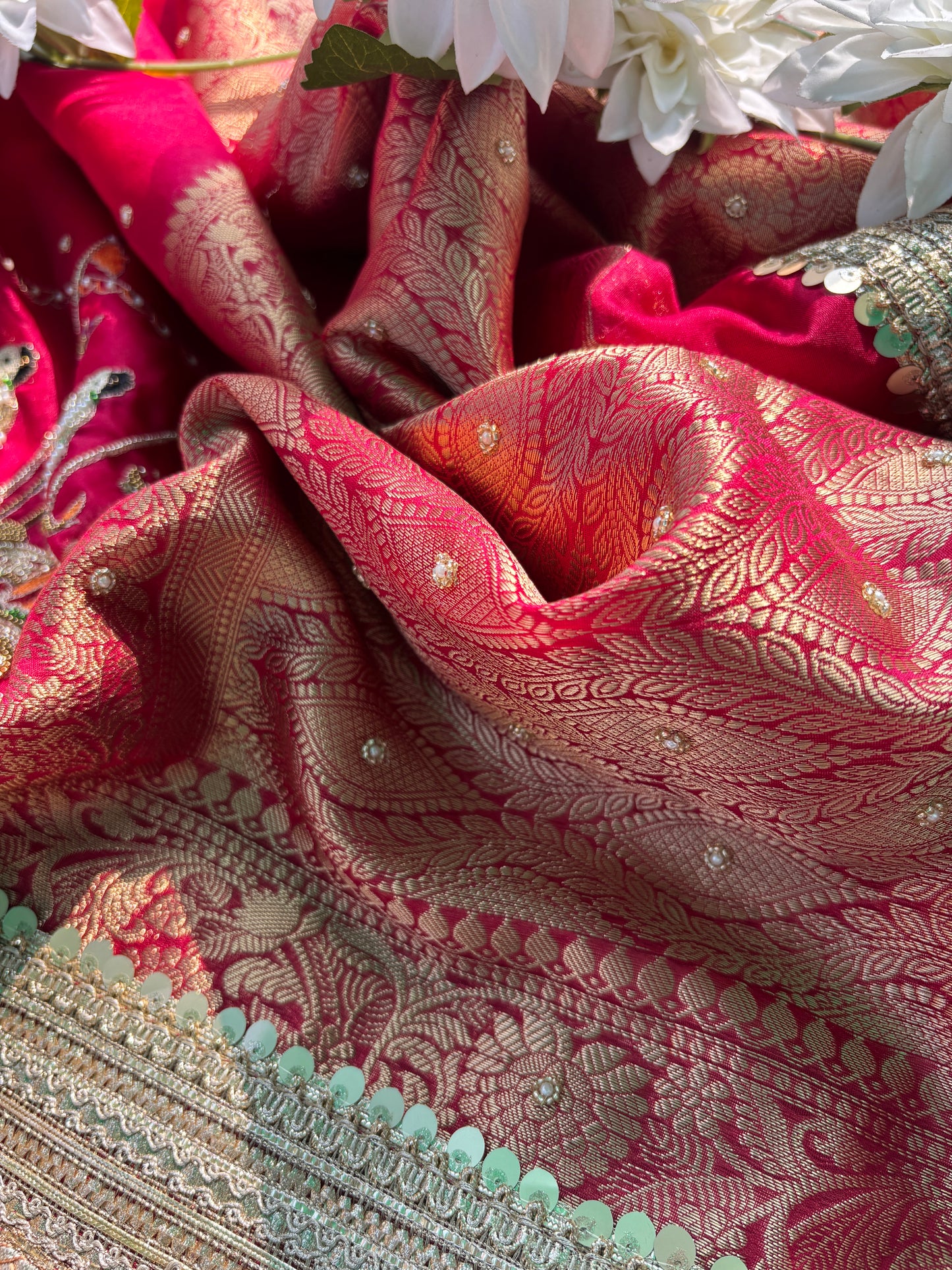 Red Hand Embroidered Zari Work Festive Designer Saree