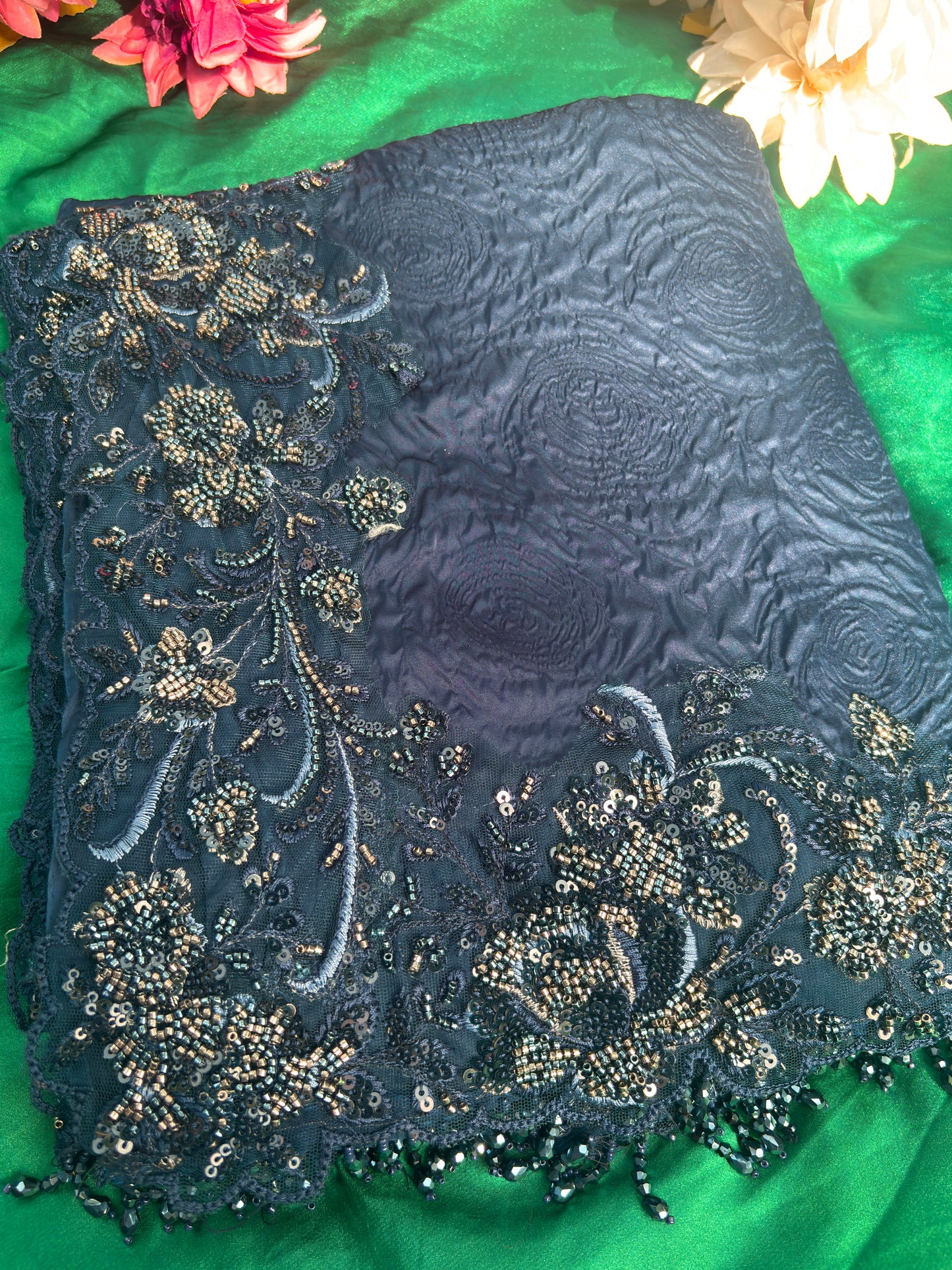 Grand Dark Blue Saree with Sequin Embroidery