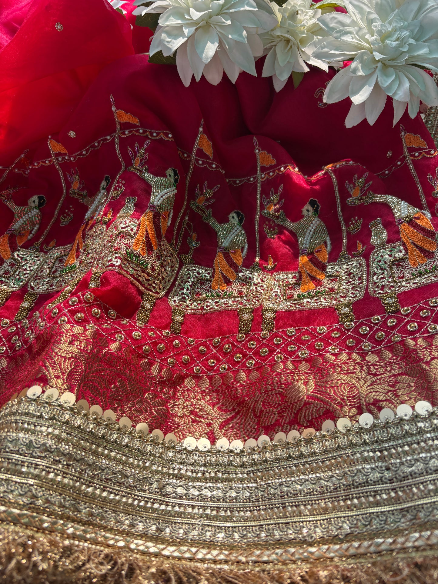 Red Hand Embroidered Zari Work Festive Designer Saree