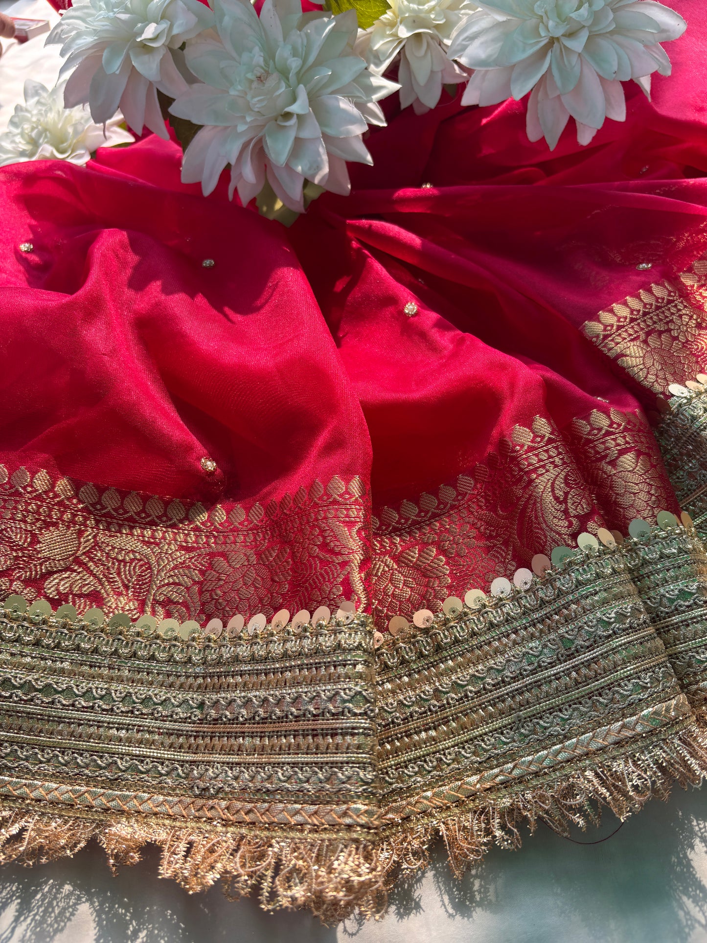 Red Hand Embroidered Zari Work Festive Designer Saree