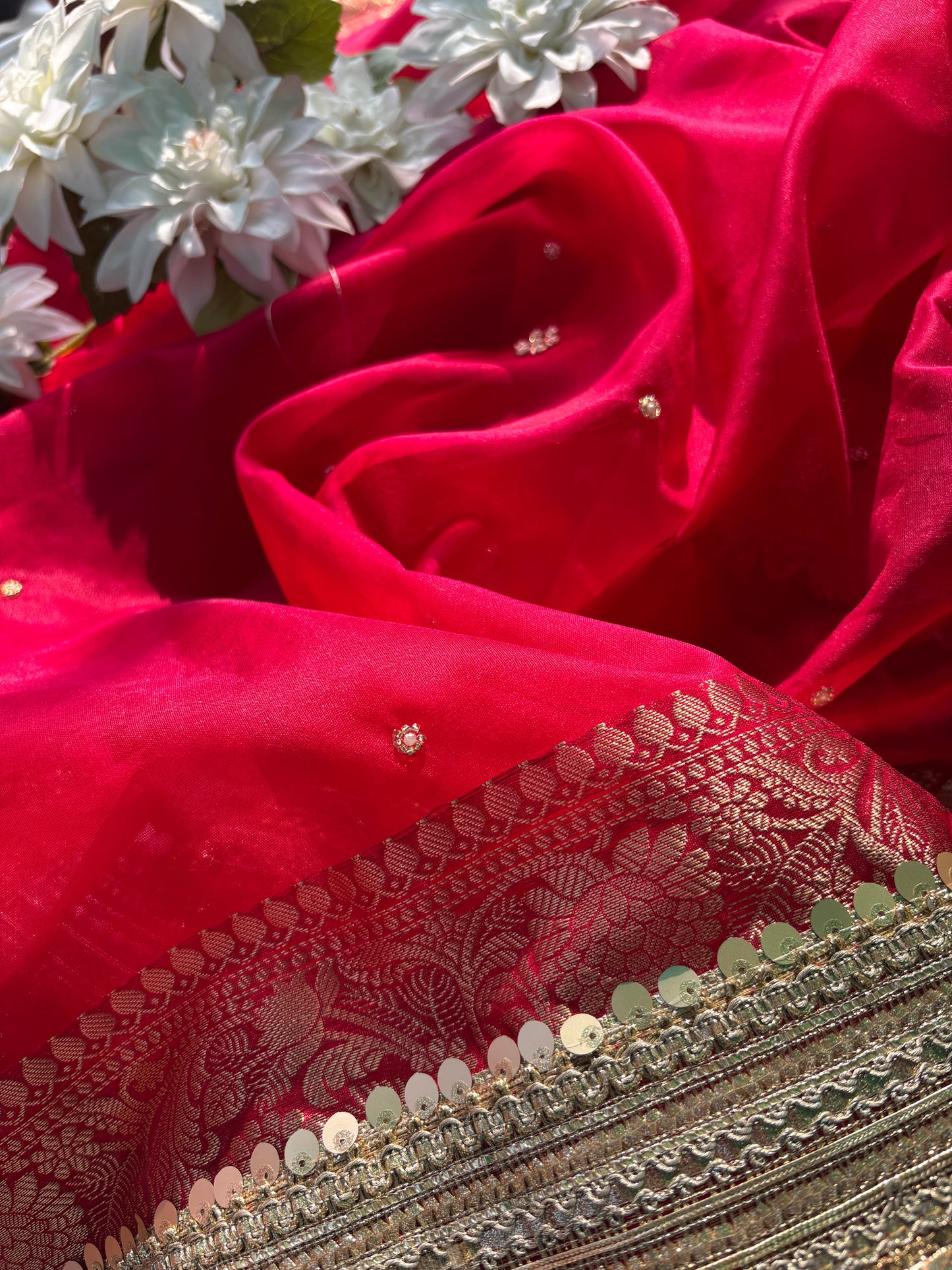 Red Hand Embroidered Zari Work Festive Designer Saree