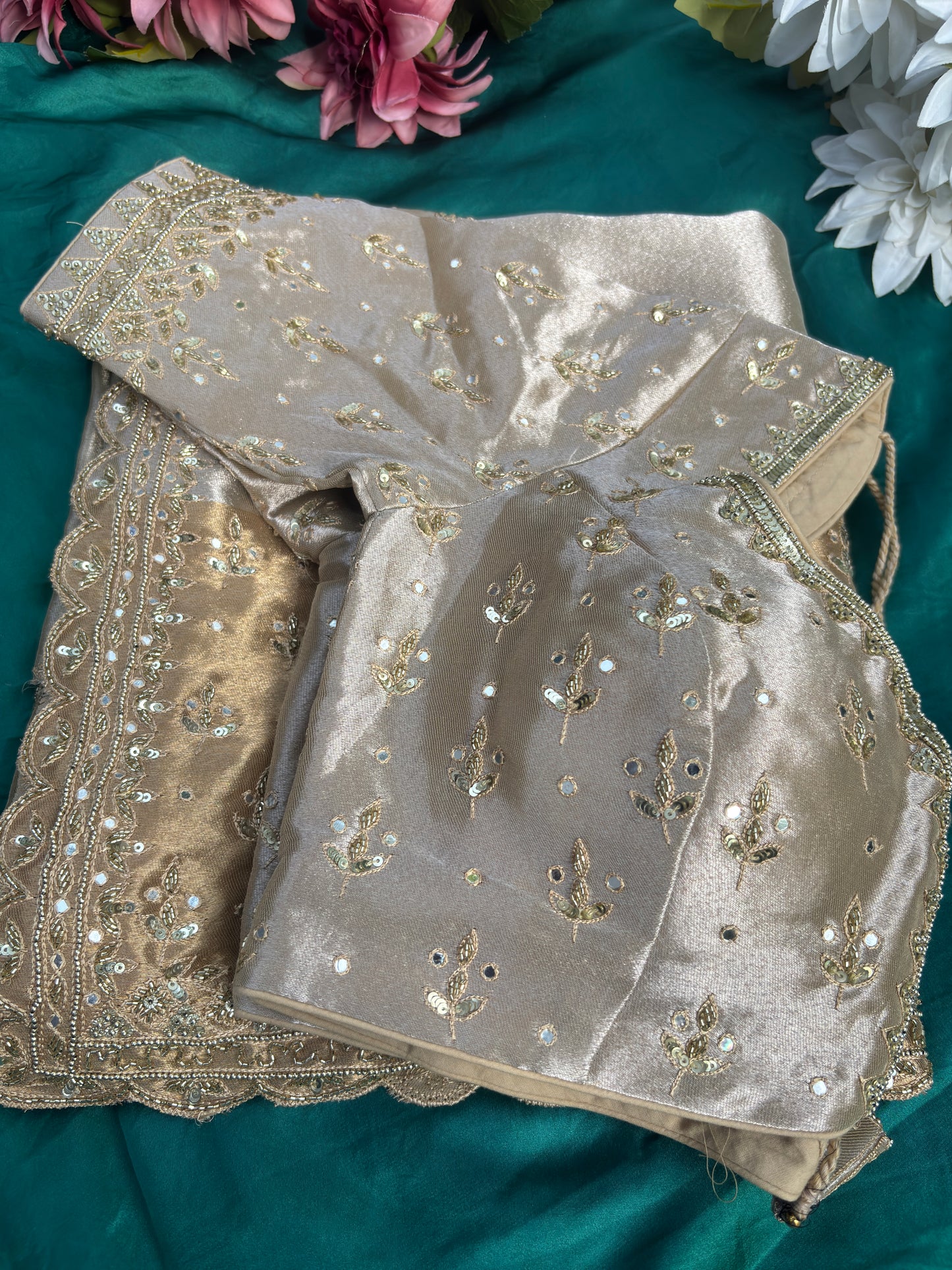 Grand Designer Silk Champagne Saree with Sequin Floral Detailing