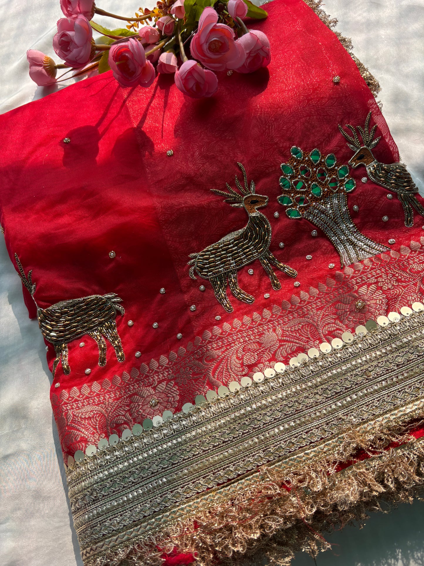 Red Heritage Zari Embroidered Designer Saree with Deer Motif