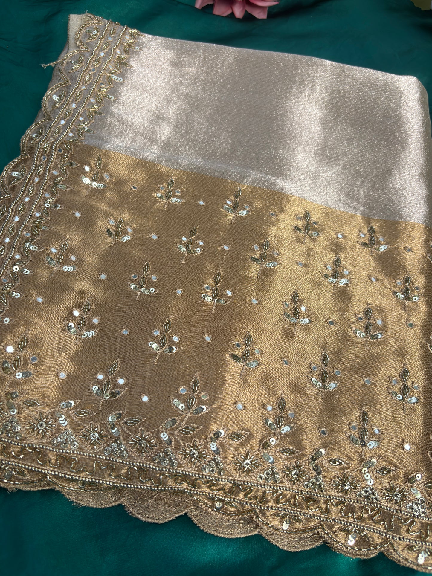 Grand Designer Silk Champagne Saree with Sequin Floral Detailing