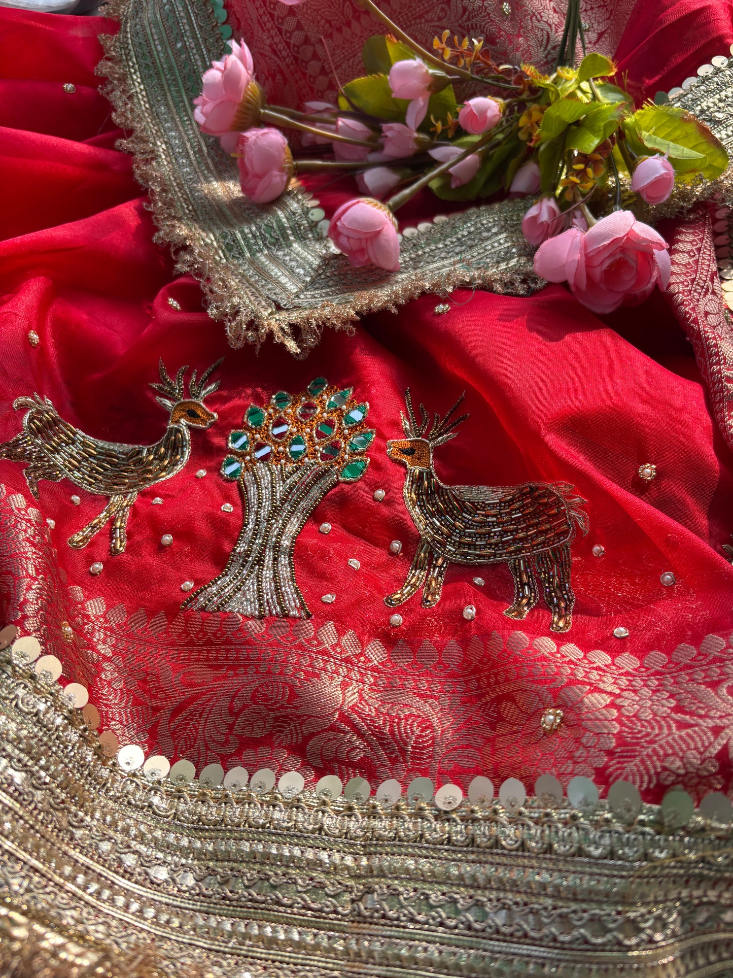Red Heritage Zari Embroidered Designer Saree with Deer Motif