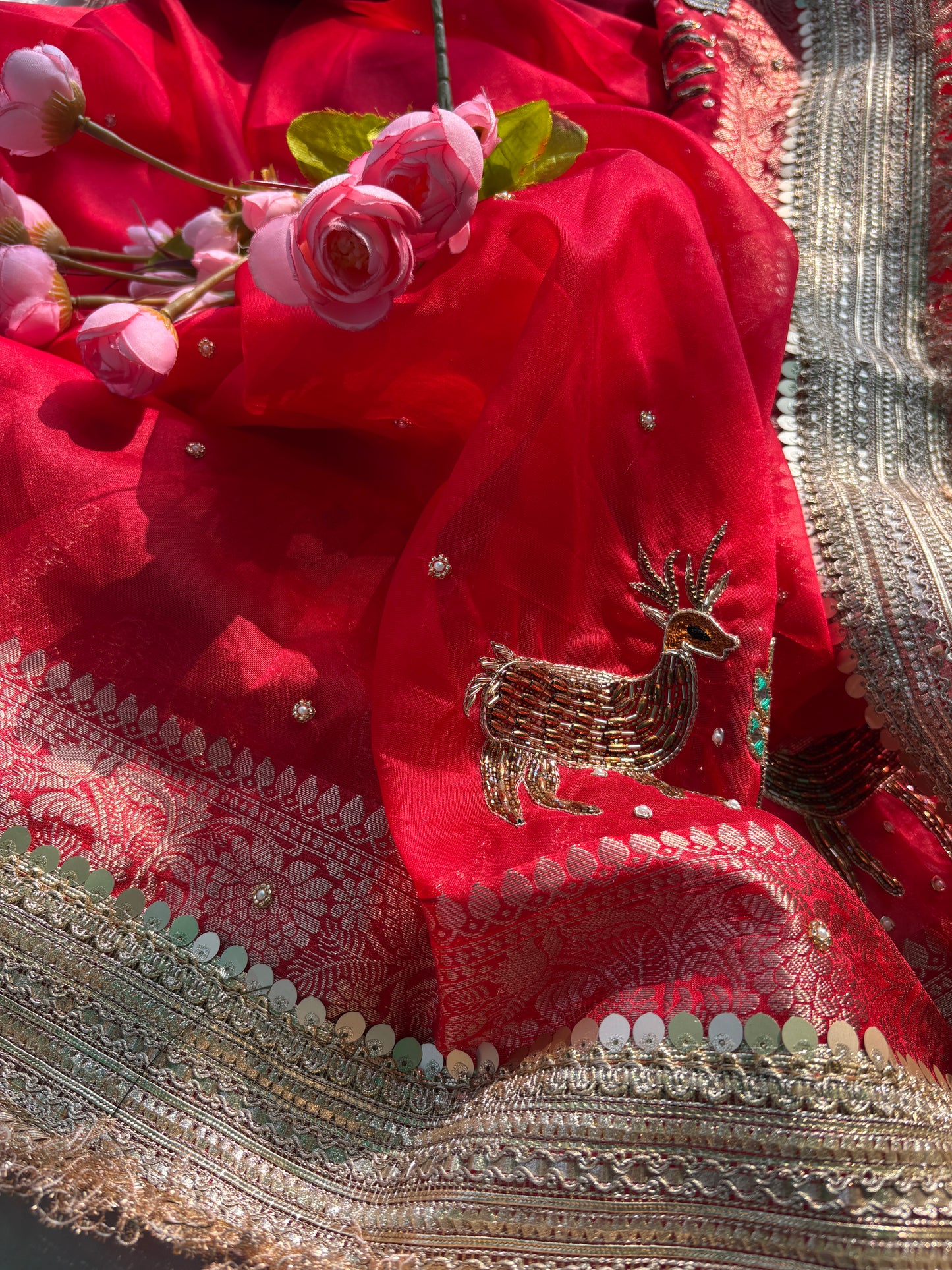 Red Heritage Zari Embroidered Designer Saree with Deer Motif