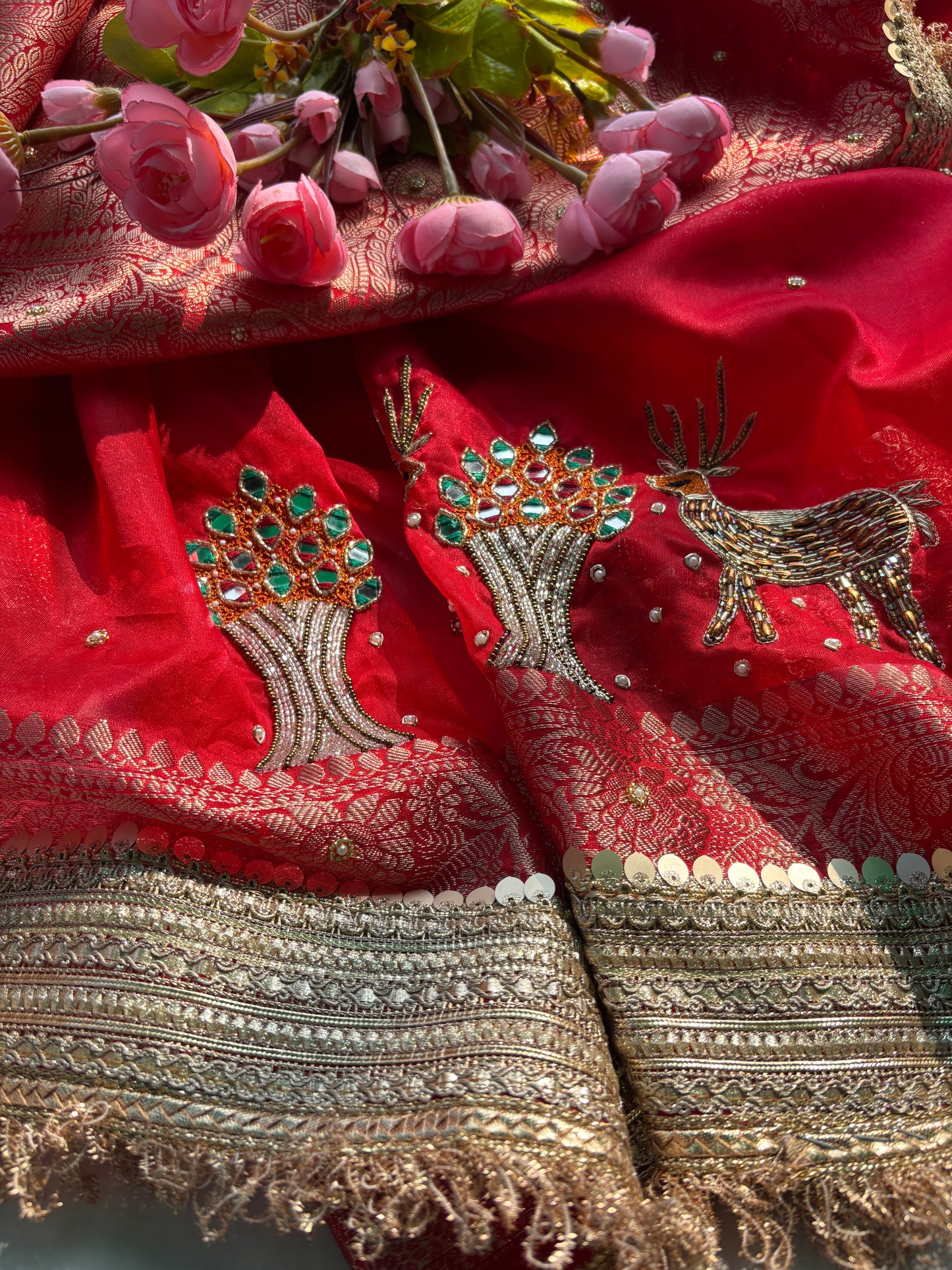 Red Heritage Zari Embroidered Designer Saree with Deer Motif