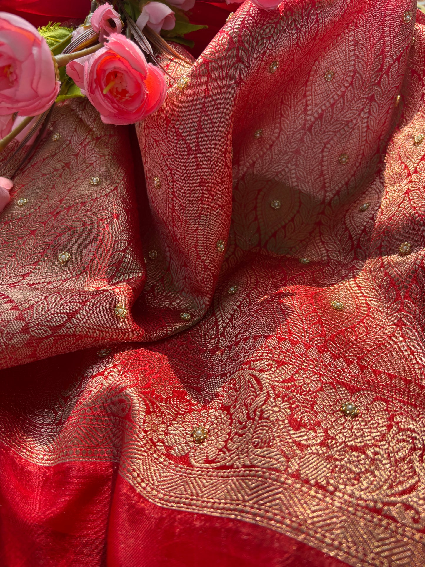 Red Heritage Zari Embroidered Designer Saree with Deer Motif