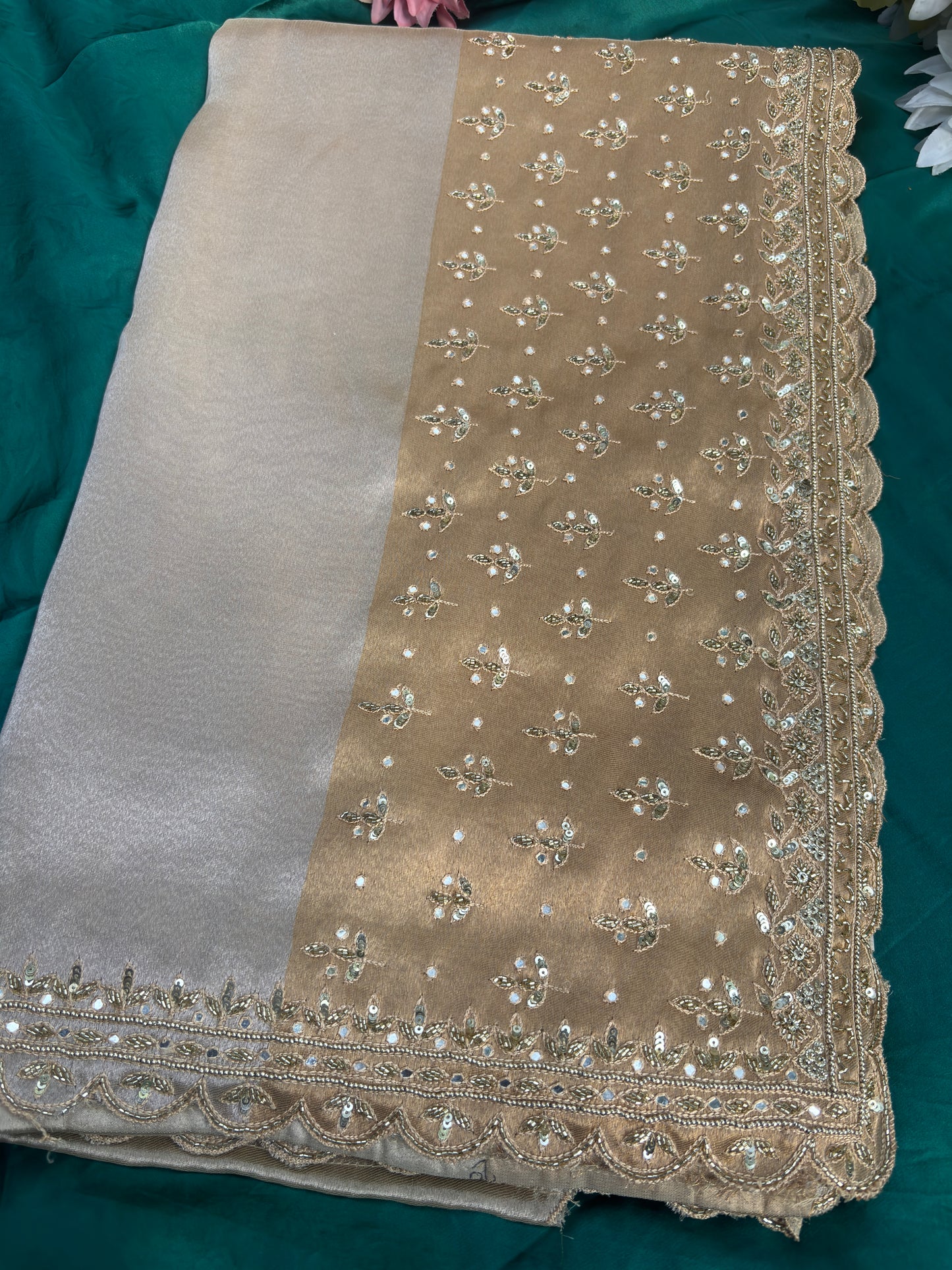 Grand Designer Silk Champagne Saree with Sequin Floral Detailing