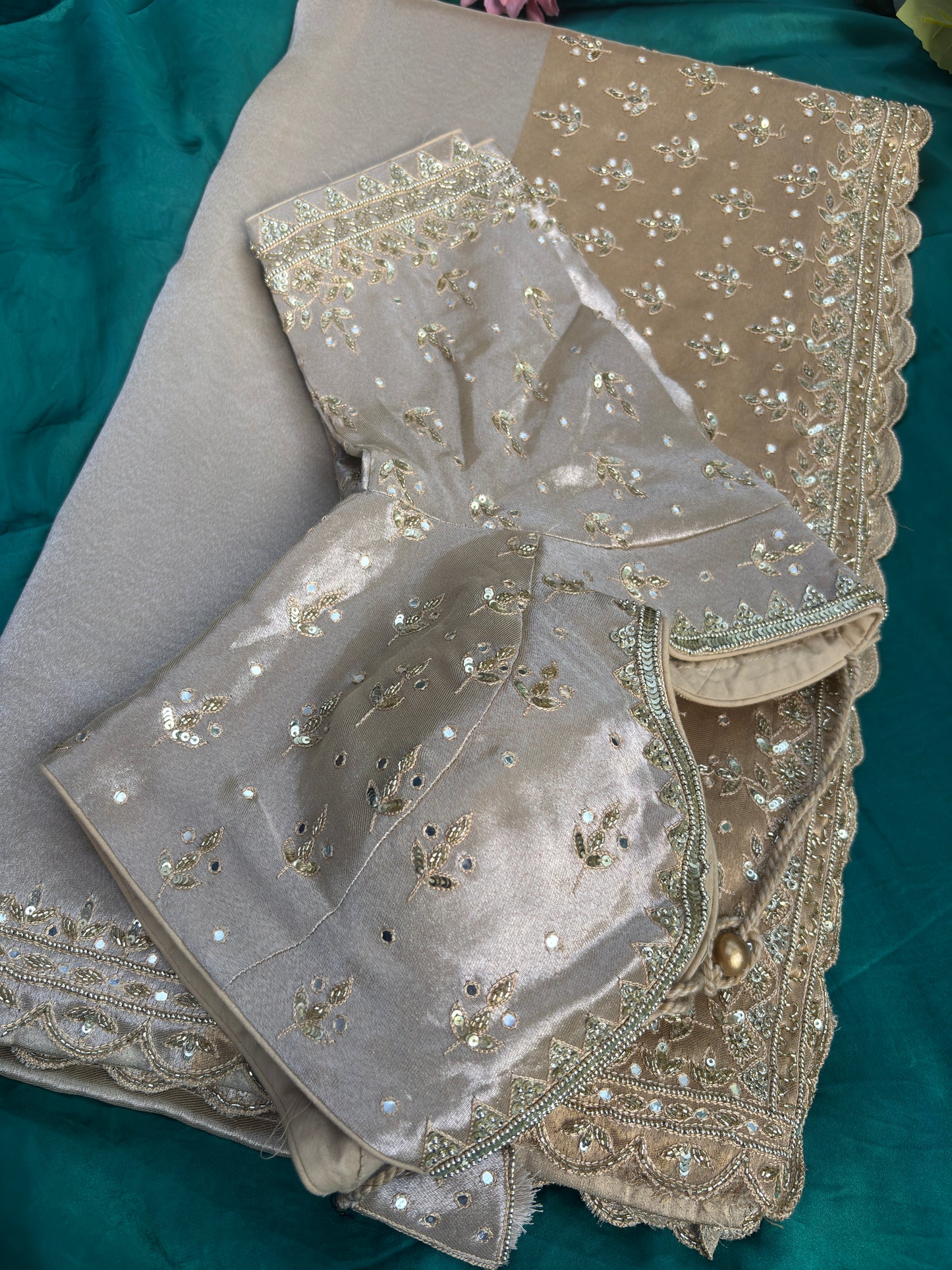 Grand Designer Silk Champagne Saree with Sequin Floral Detailing