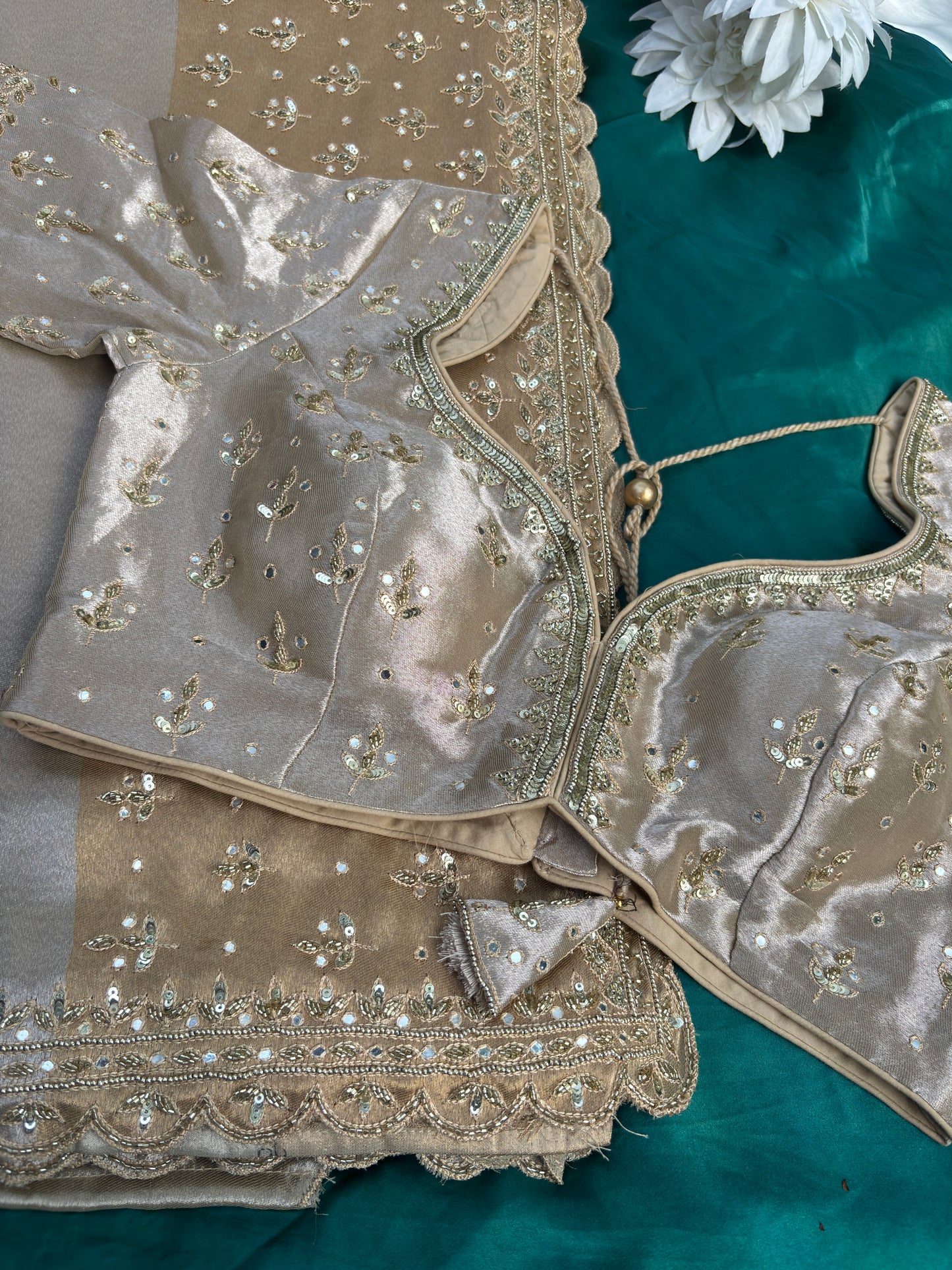 Grand Designer Silk Champagne Saree with Sequin Floral Detailing