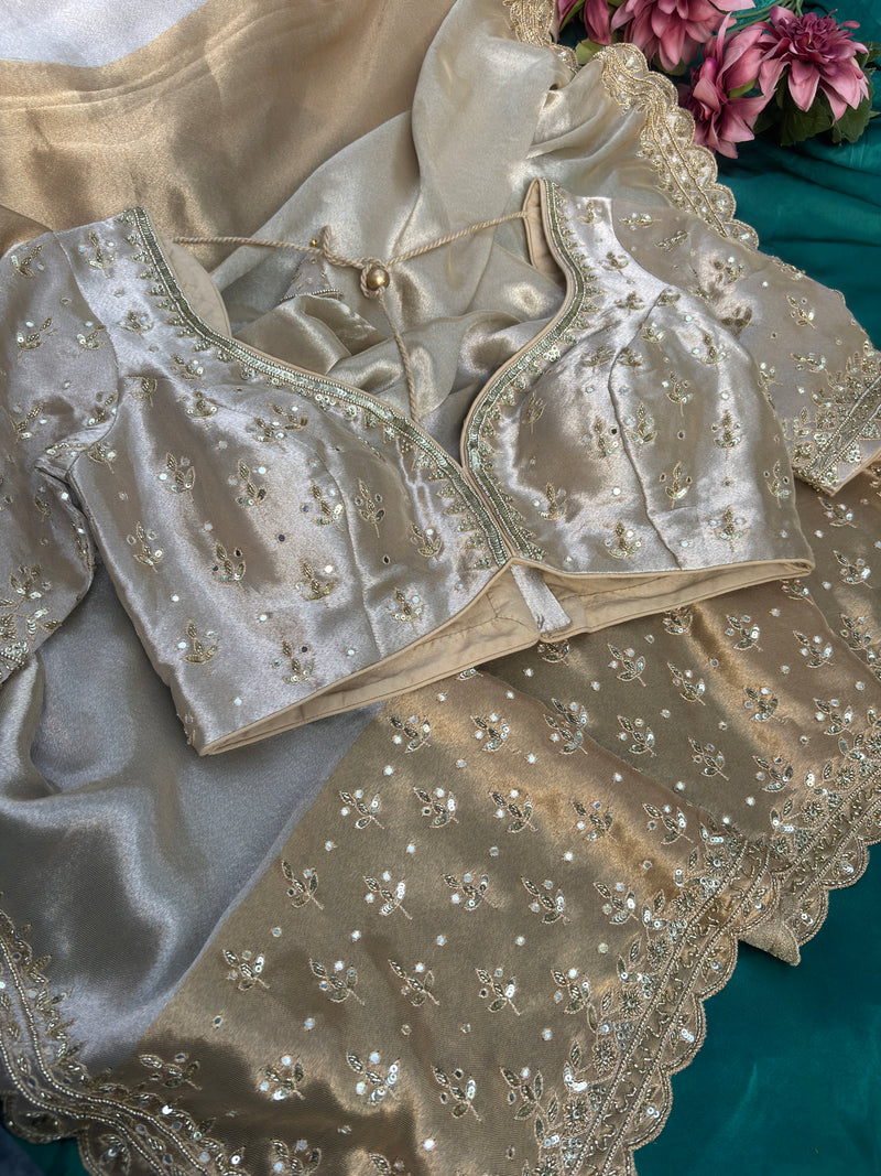 Grand Designer Silk Champagne Saree with Sequin Floral Detailing