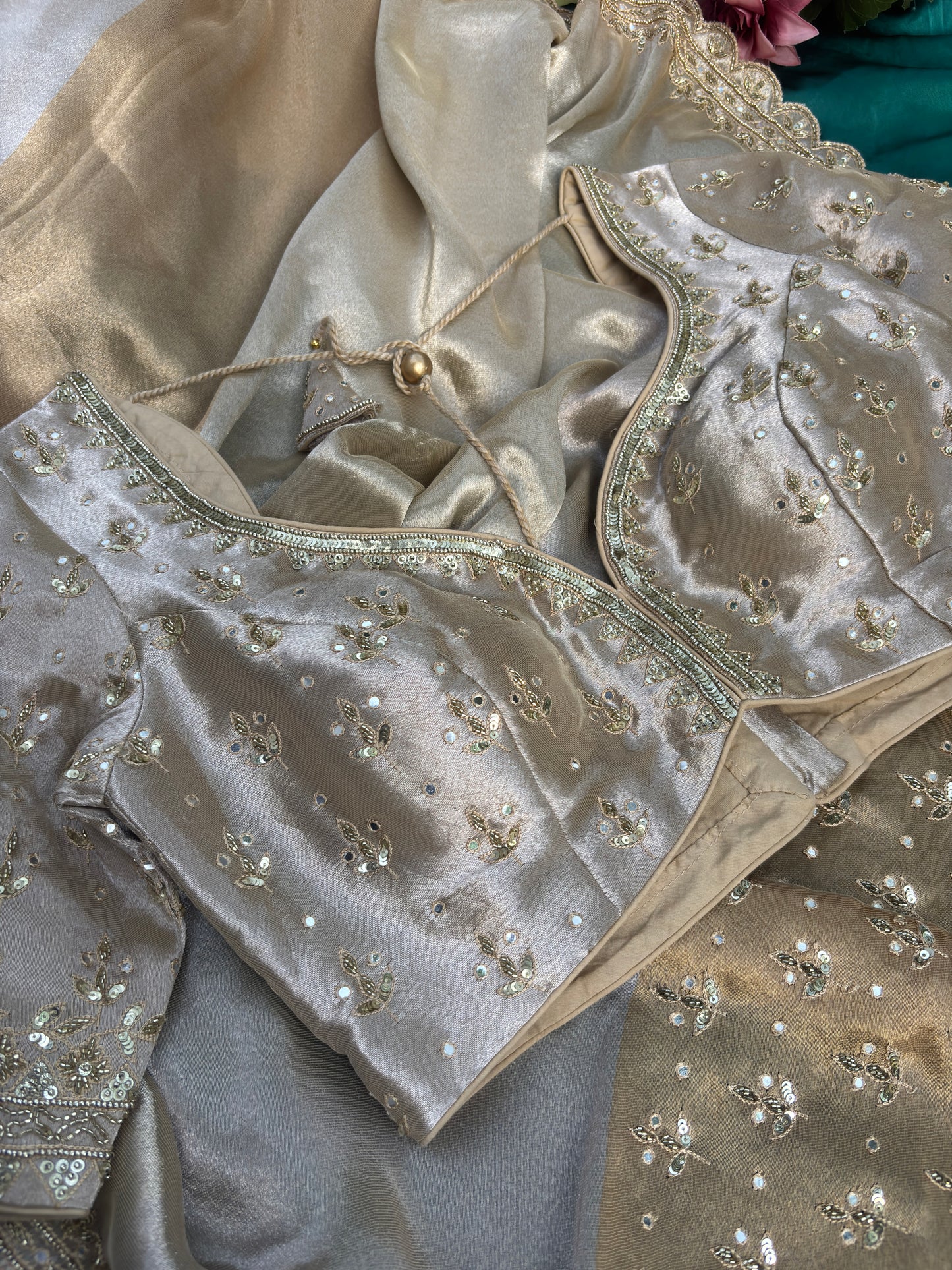 Grand Designer Silk Champagne Saree with Sequin Floral Detailing