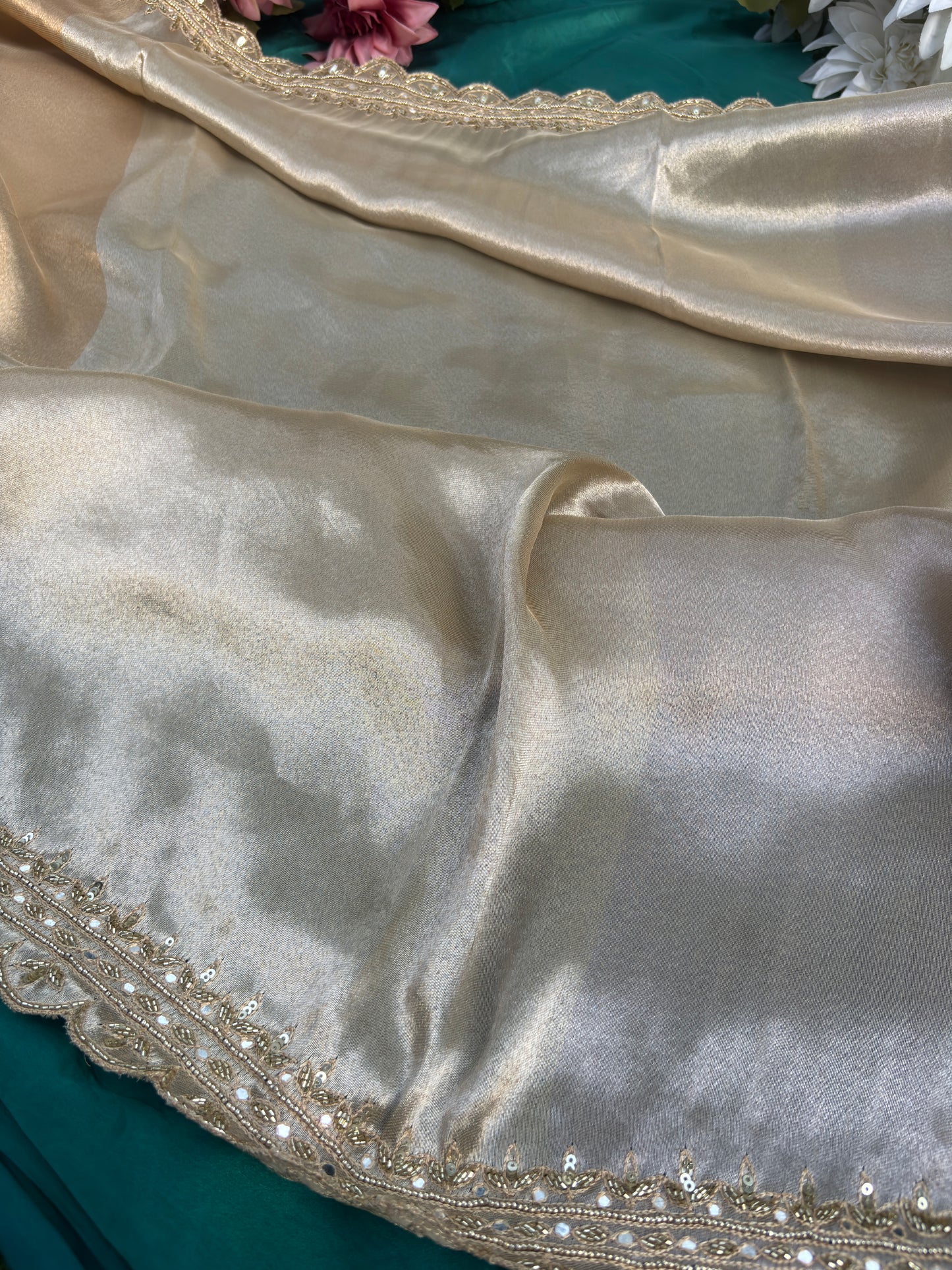 Grand Designer Silk Champagne Saree with Sequin Floral Detailing