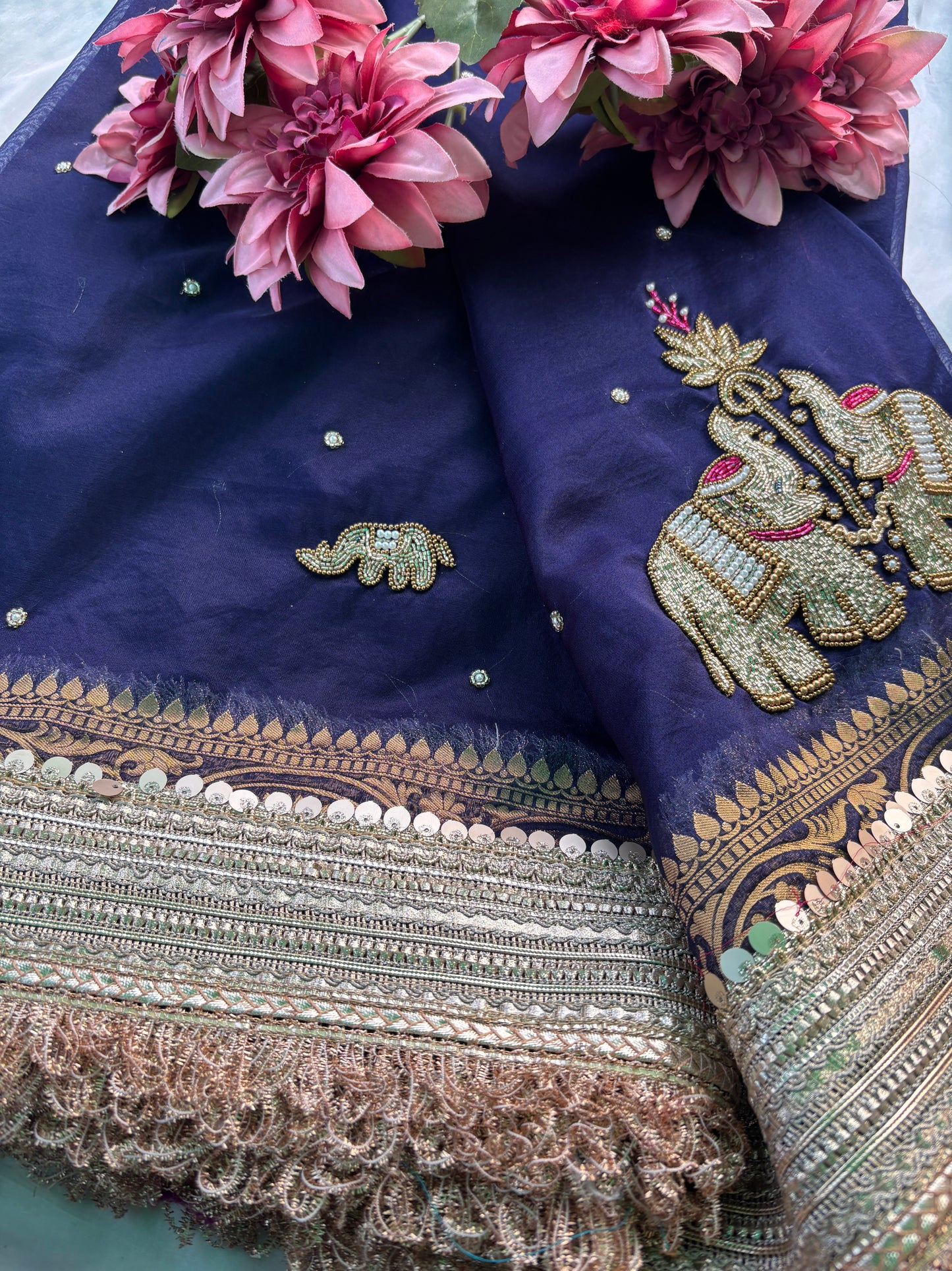 Navy Blue Zari Elephant Motif Festive Saree