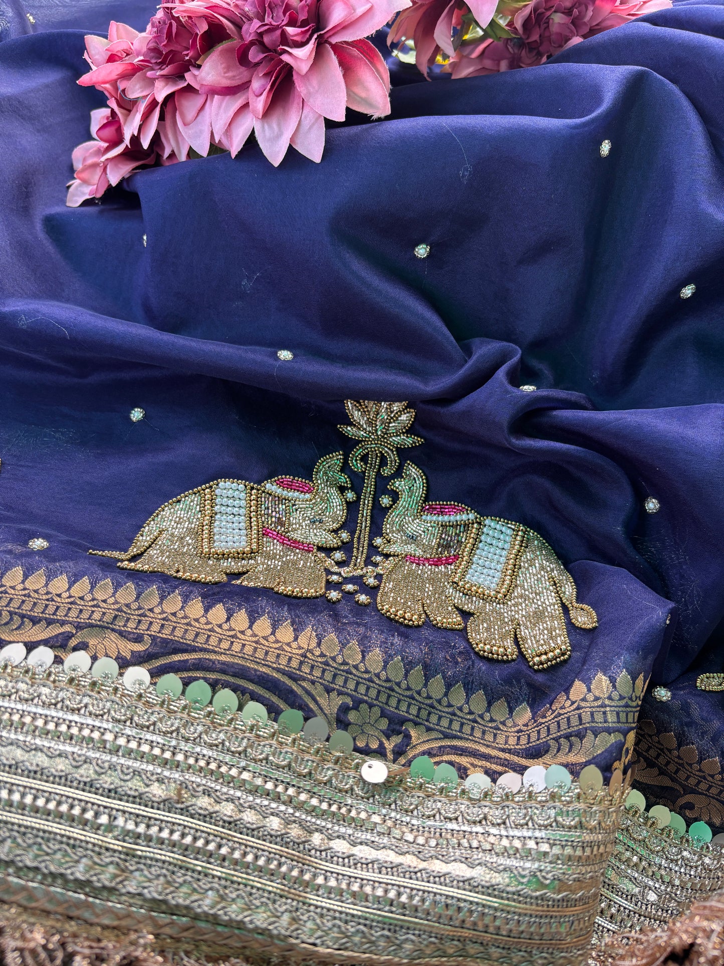 Navy Blue Zari Elephant Motif Festive Saree