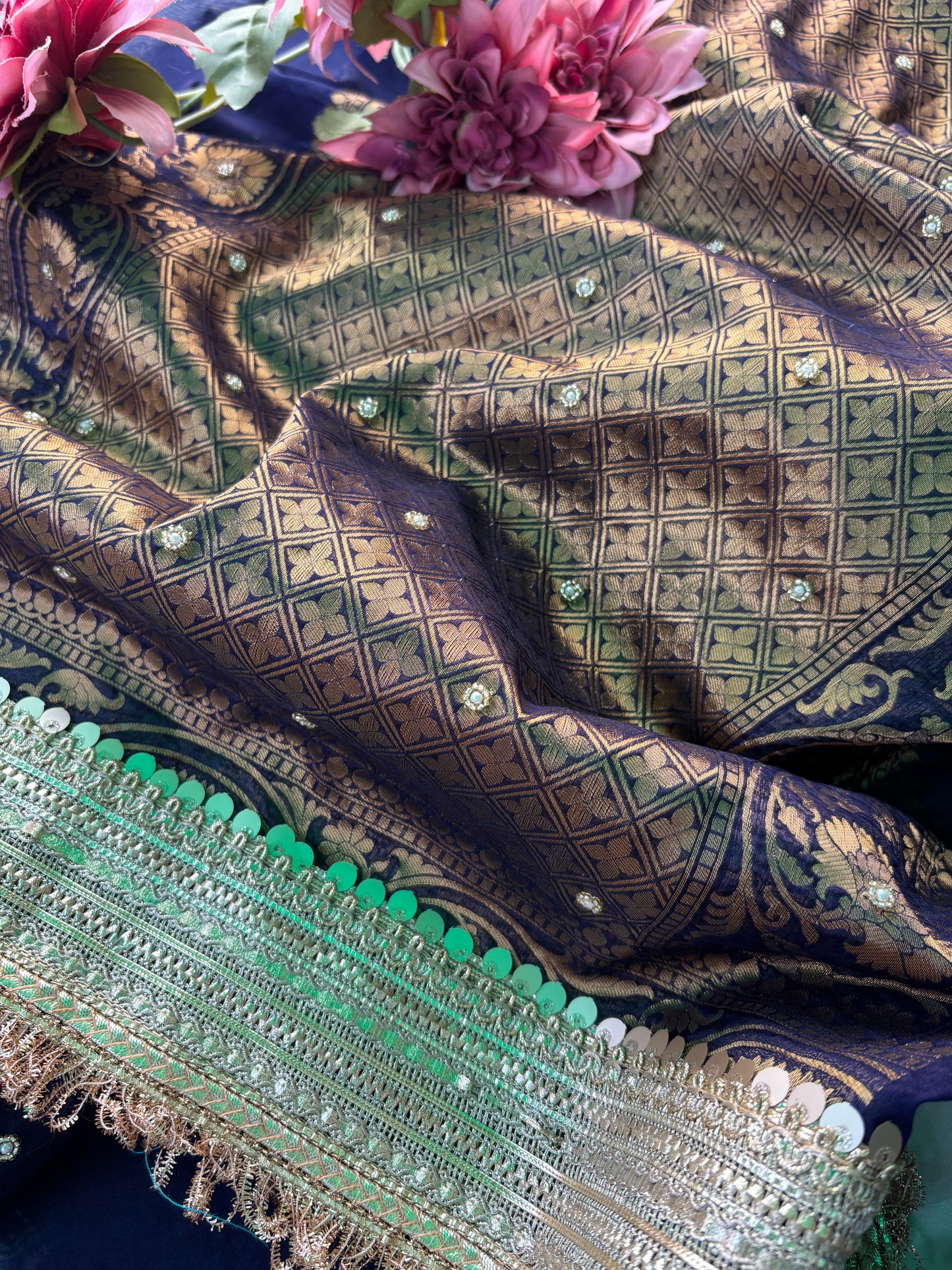 Navy Blue Zari Elephant Motif Festive Saree