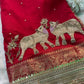 Red Elephant Motif Hand Embroidered Zari Border Designer Saree