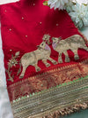 Red Elephant Motif Hand Embroidered Zari Border Designer Saree