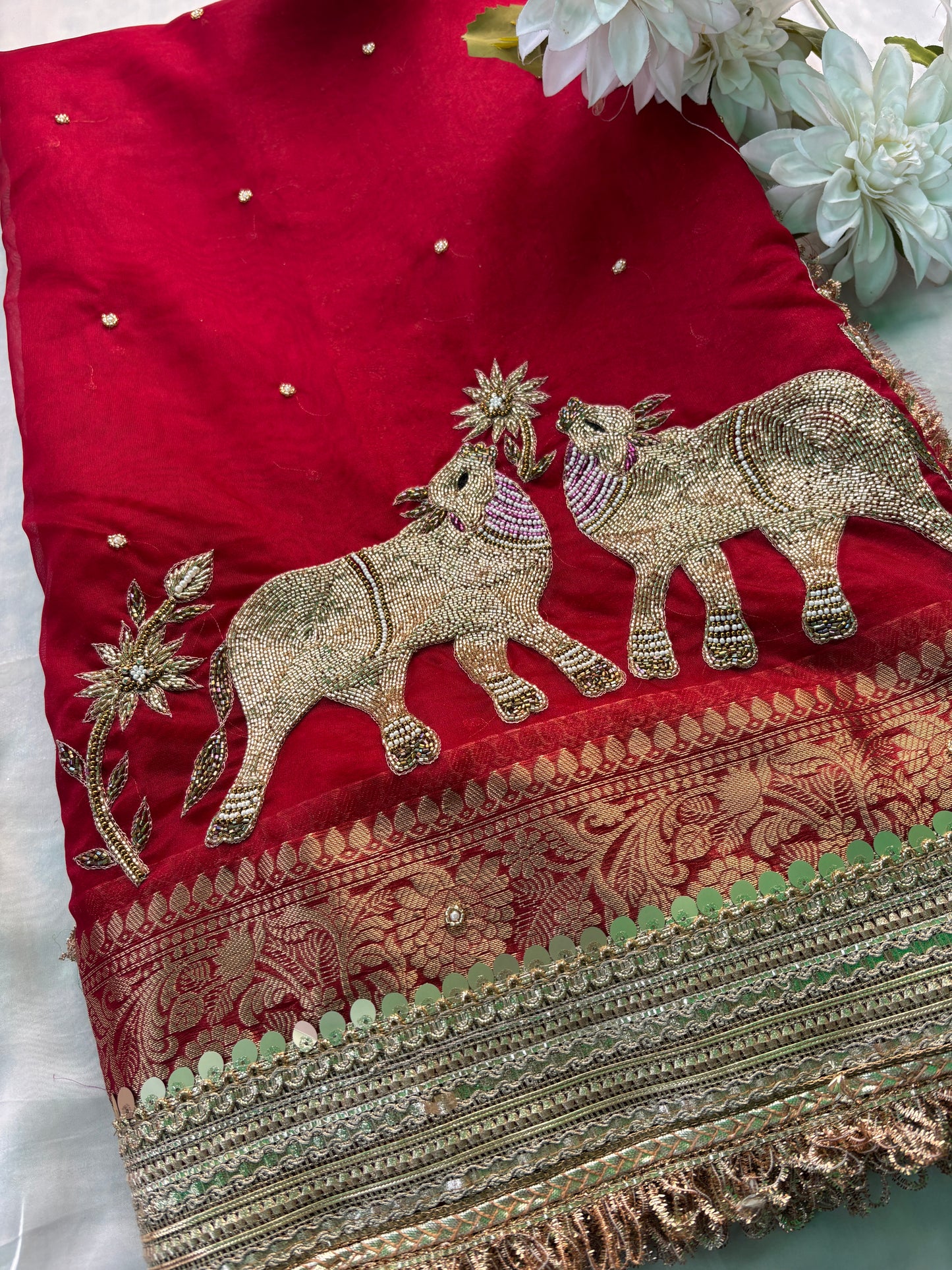 Red Elephant Motif Hand Embroidered Zari Border Designer Saree