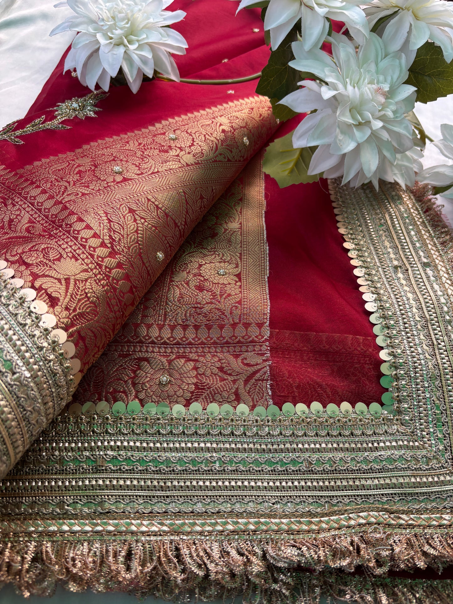 Red Elephant Motif Hand Embroidered Zari Border Designer Saree