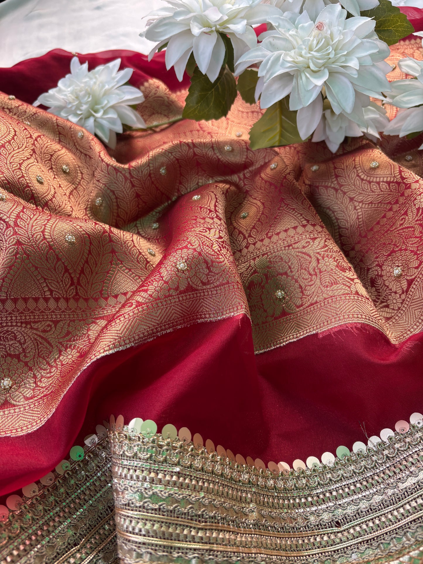 Red Elephant Motif Hand Embroidered Zari Border Designer Saree