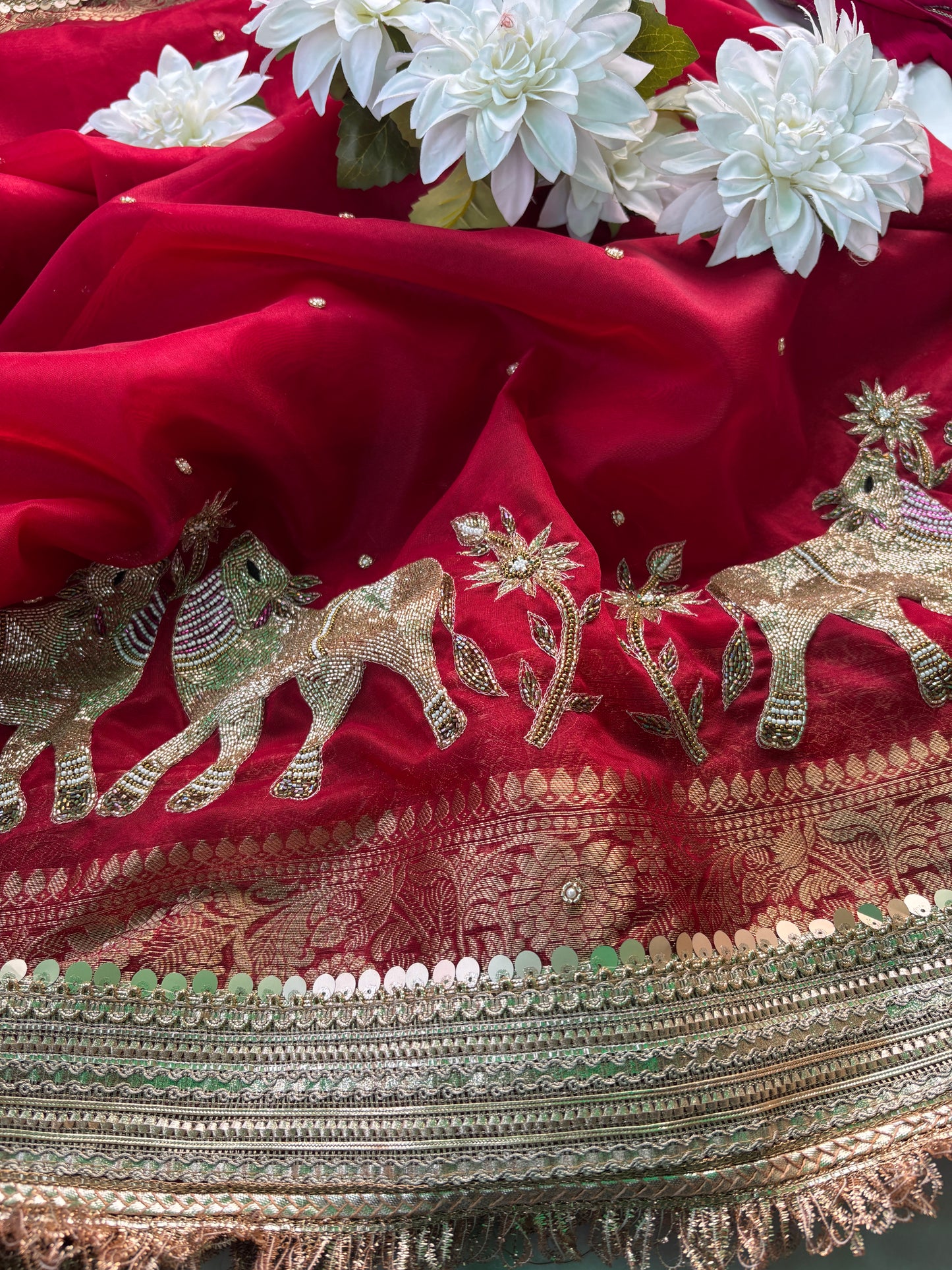 Red Elephant Motif Hand Embroidered Zari Border Designer Saree