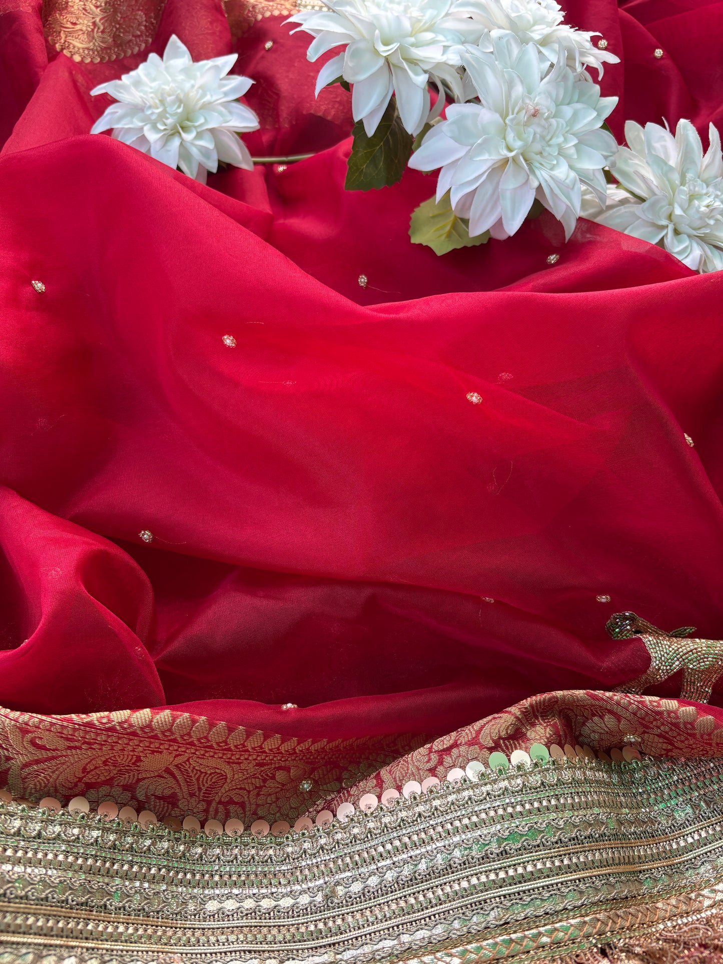 Red Elephant Motif Hand Embroidered Zari Border Designer Saree