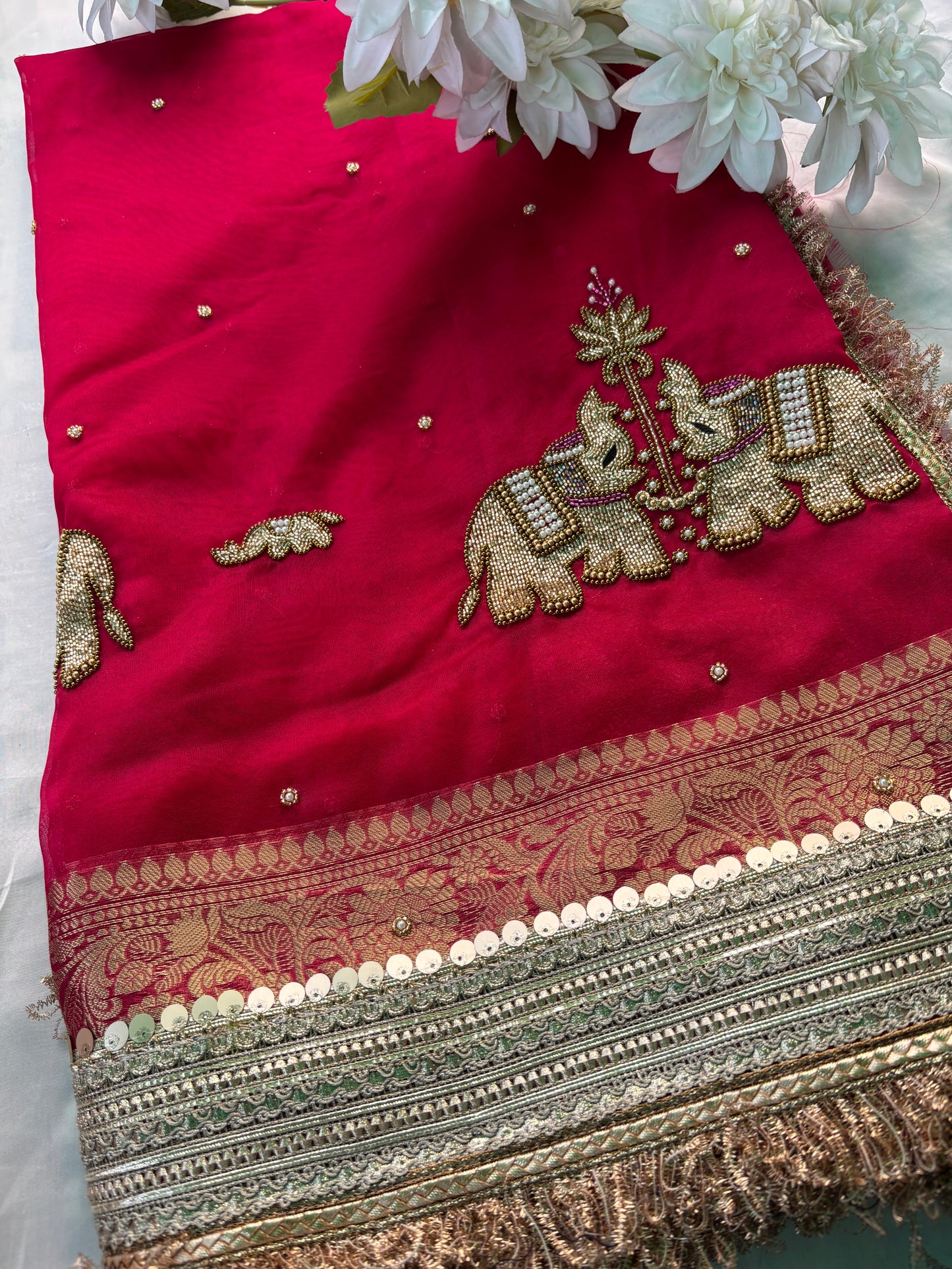 Royal Red Rani Saree with Zari Elephant Embroidered Border