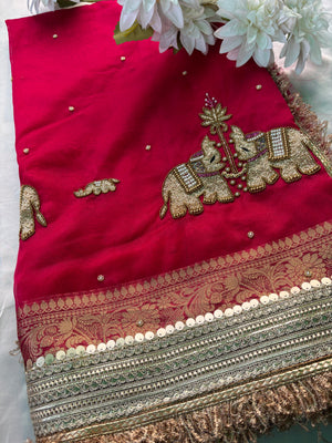 Royal Red Rani Saree with Zari Elephant Embroidered Border