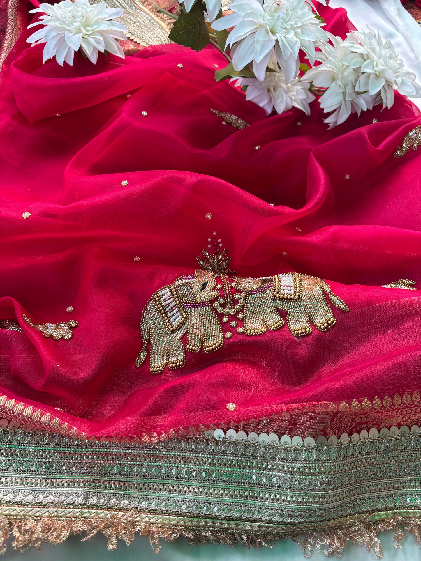 Royal Red Rani Saree with Zari Elephant Embroidered Border