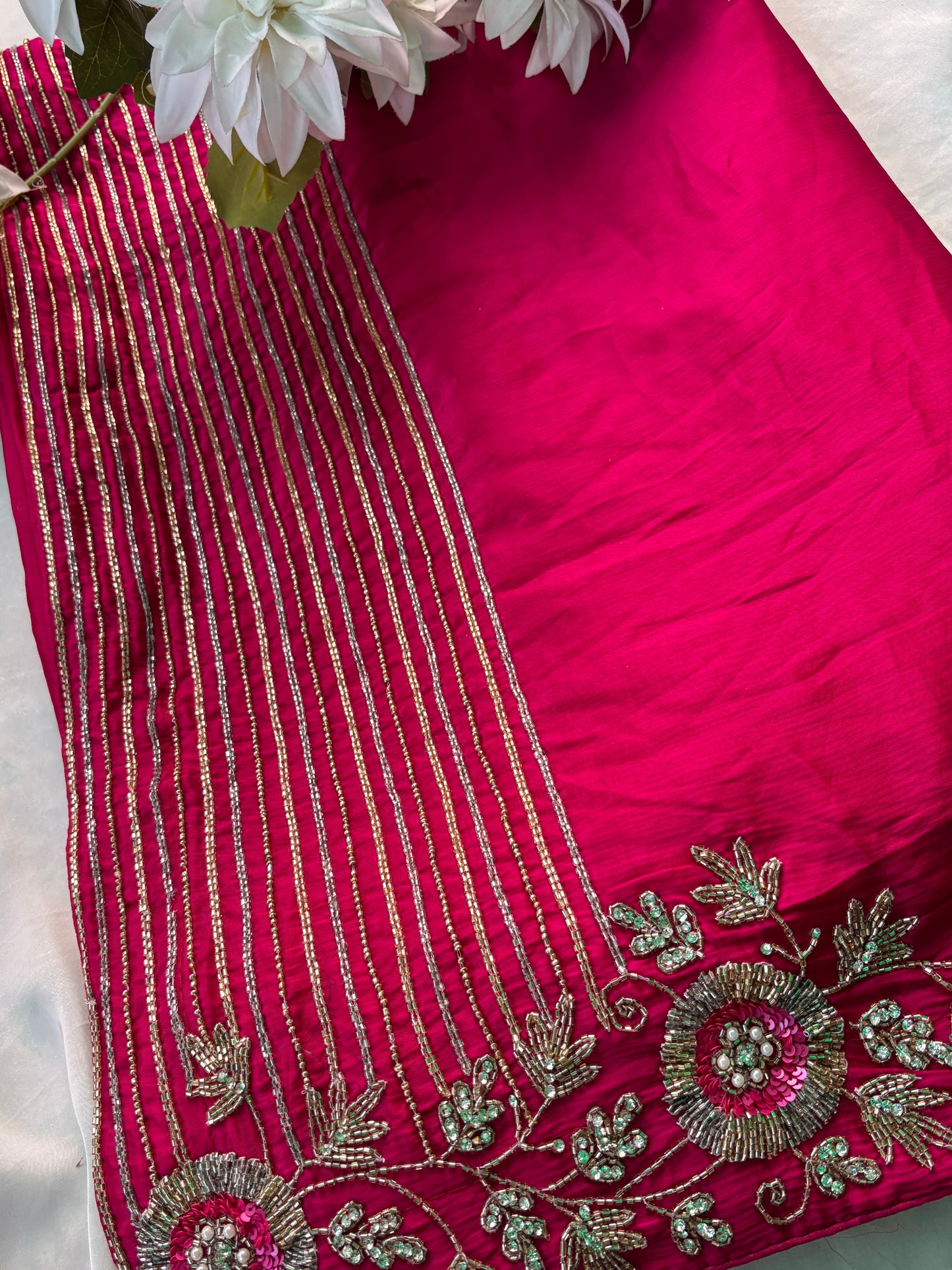 Rani Saree with Zari Stripes & Floral Embroidered Border