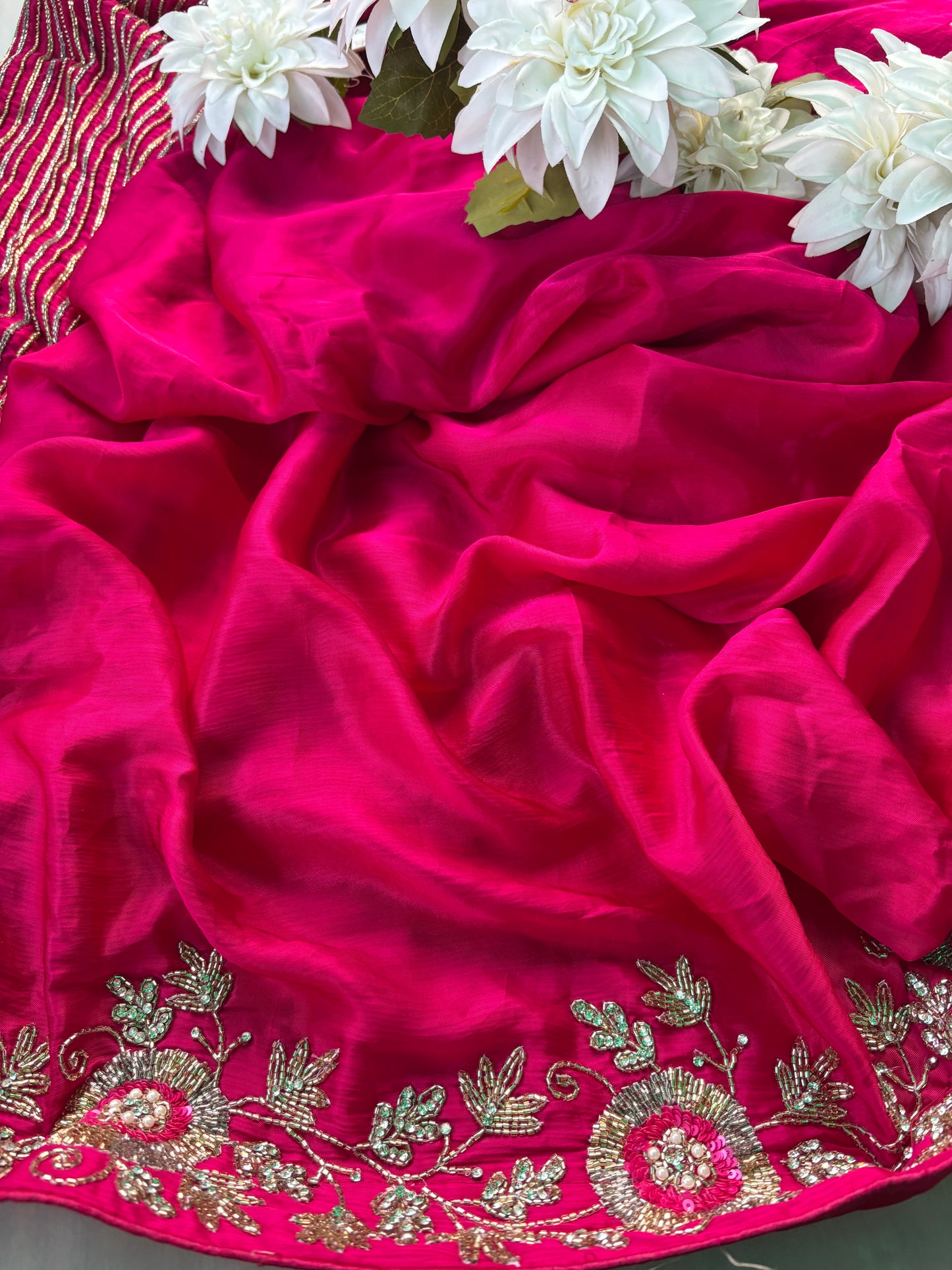 Rani Saree with Zari Stripes & Floral Embroidered Border